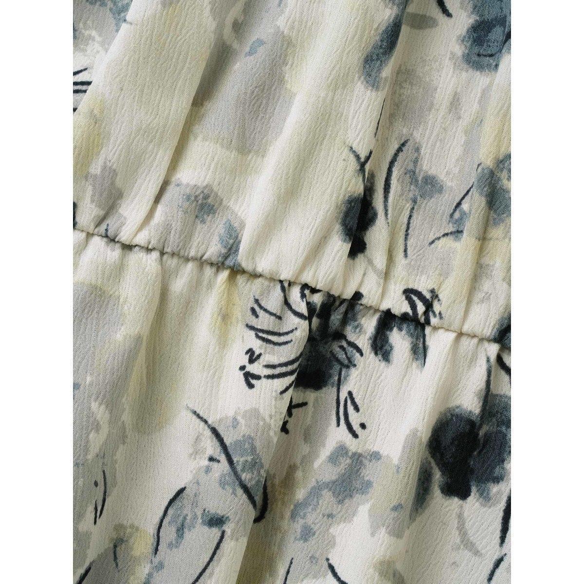 Plus Size Watercolor Floral Halter Neck Belted Gathered Dress SlateGray Women Elegant Gathered Round Neck Sleeveless Curvy BloomChic 30/6X Product Image