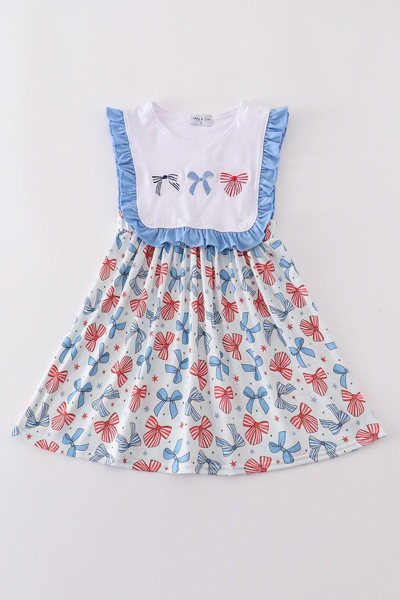 Bow trellis print embroidery ruffle dress Product Image