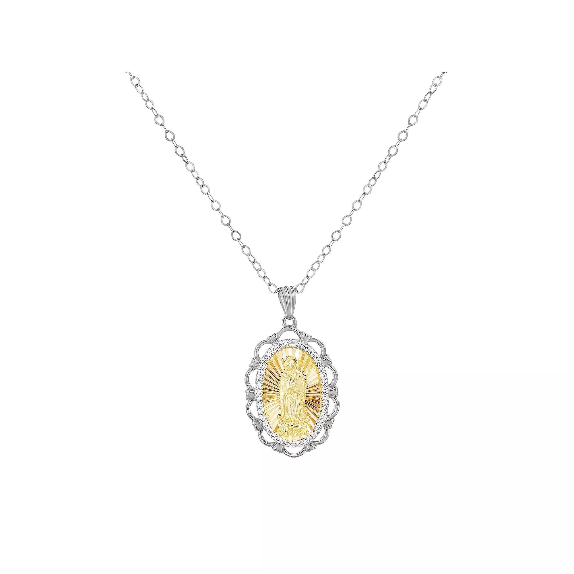 Two-Tone Sterling Silver Virgin Mary Pendant Necklace, Womens Two Tone Gold Product Image