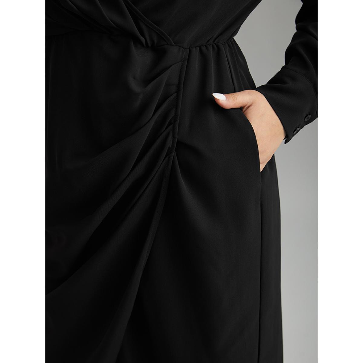 Plus Size Static-Free Solid Plicated Detail Wrap Dress Black Women Glamour Plain V-neck Long Sleeve Curvy Midi Dress BloomChic 22-24/3X Product Image