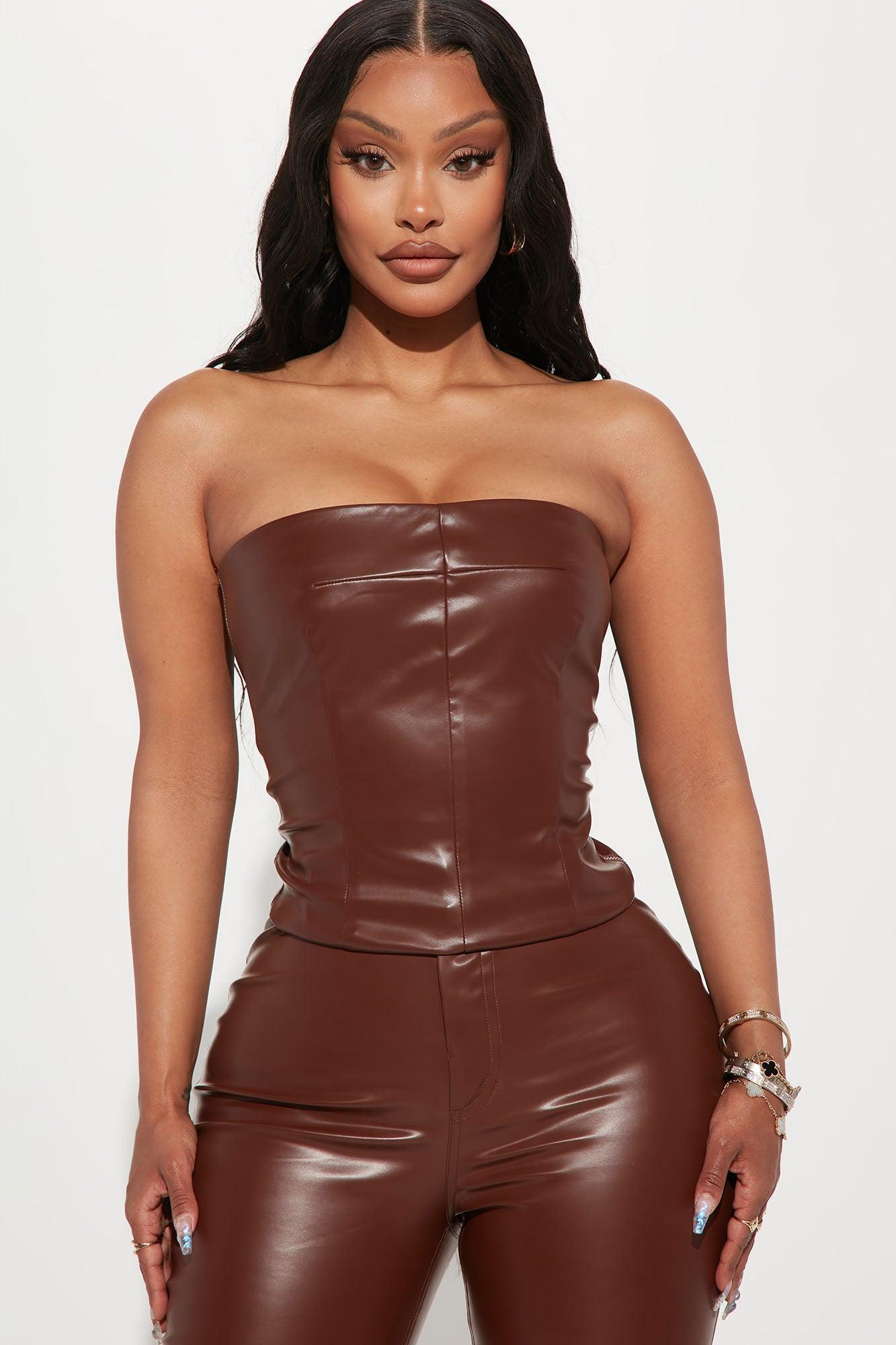 Turning Heads Faux Leather Pant Set - Brown Product Image