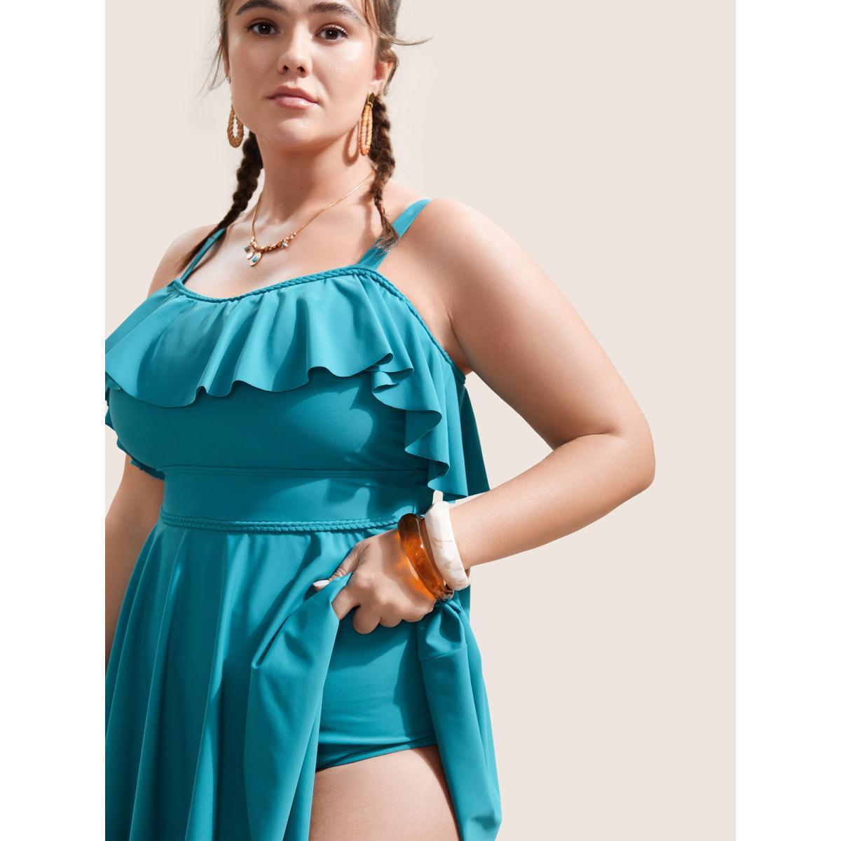 Plus Size Solid Ruffles Trim Adjustable Straps Swim Dress Women's Swimwear Teal Beach Bodycon Strapless High stretch Curve Swim Dresses BloomChic 18-20/2X Product Image