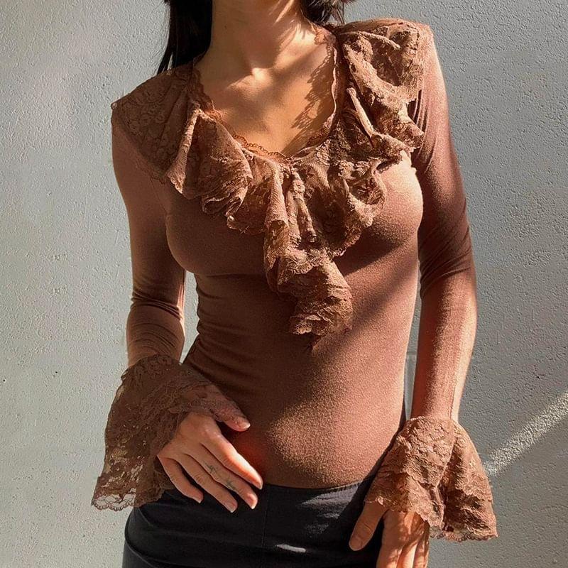 Bell Sleeve V-Neck Lace Panel Ruffled-Trim Slim-Fit Top Product Image