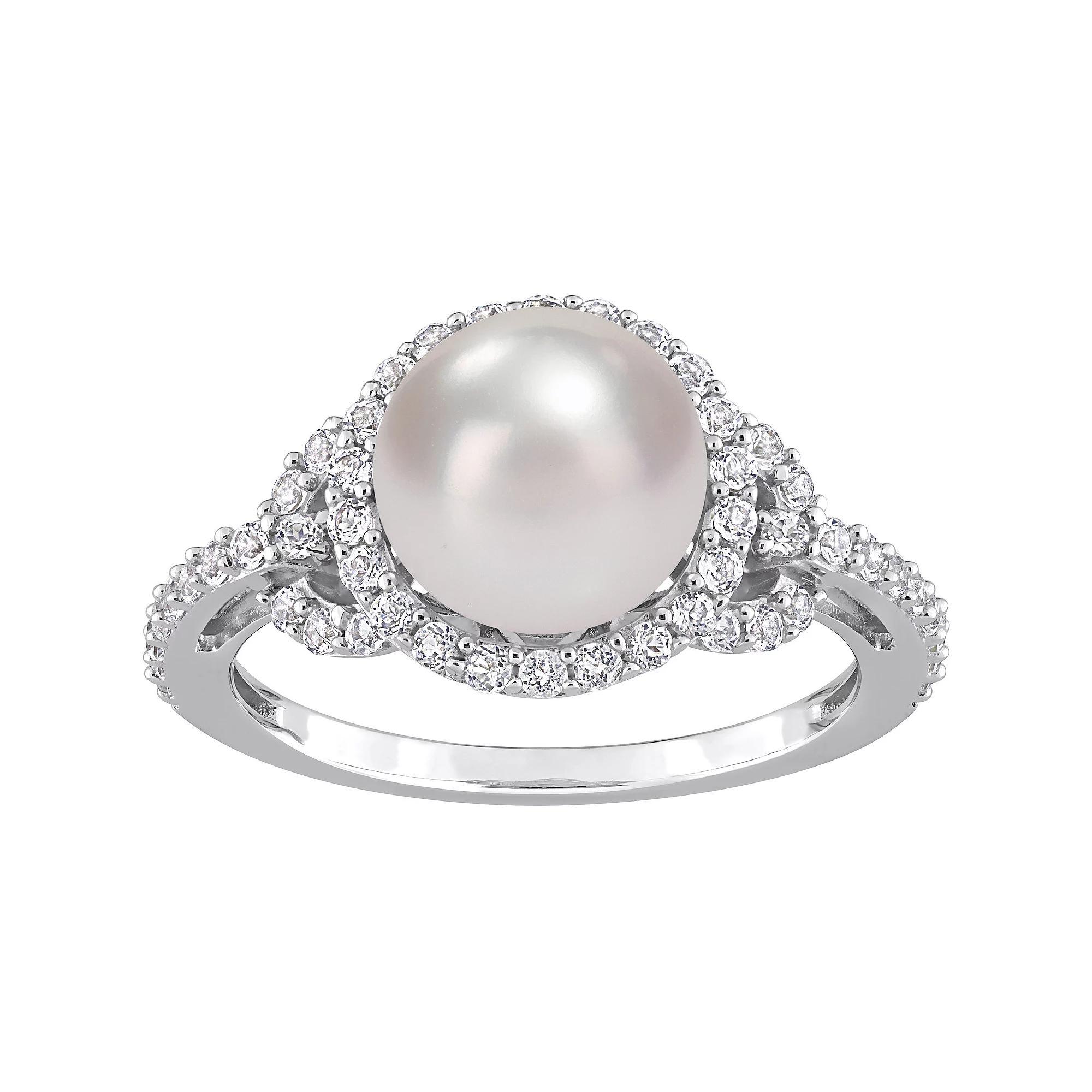 Stella Grace Sterling Silver Freshwater Cultured Pearl & White Topaz Halo Ring, Women's, Size: 8 Product Image