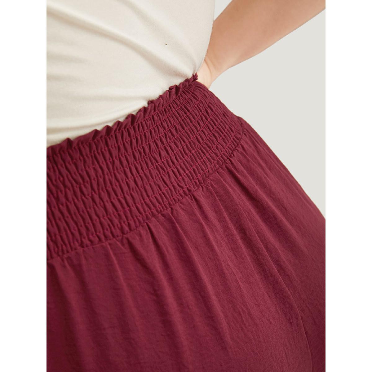 Plus Size Button Detail Shirred Wide Leg Pants Women Burgundy Glamour Wide Leg High Rise Going out Pants BloomChic 18-20/2X Product Image