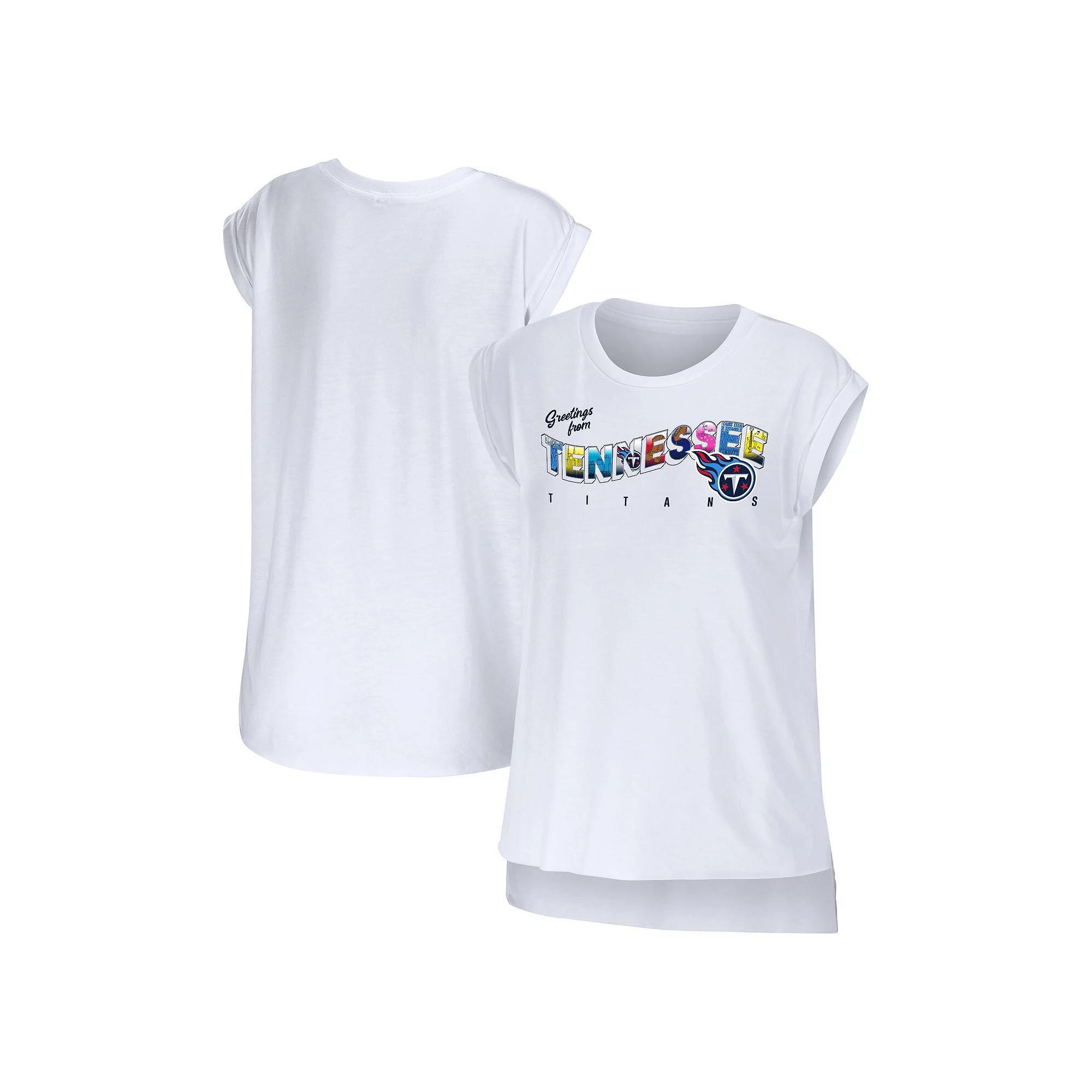 Women's WEAR by Erin Andrews White Tennessee Titans Greetings From Muscle T-Shirt, Size: XS Product Image