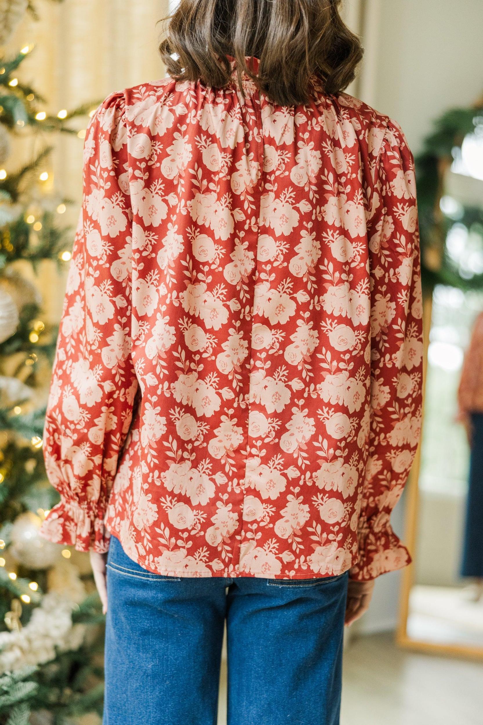 Tried And True Brick Red Floral Ruffled Blouse Female Product Image