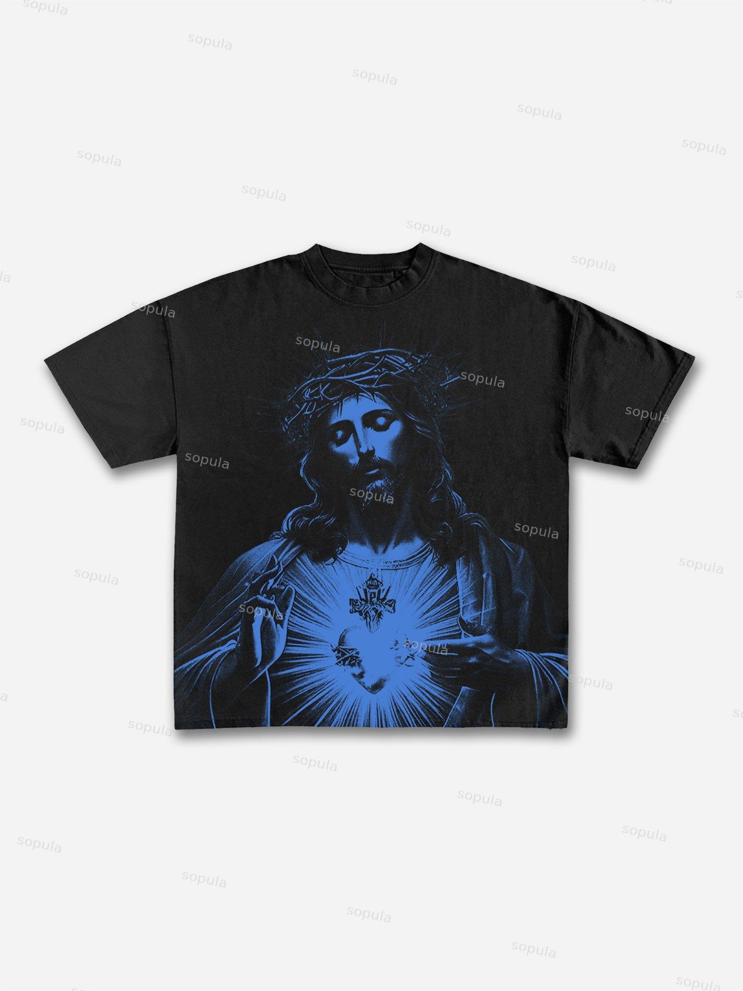 Vintage Jesus Print Round Neck Cotton T-Shirt Product Image