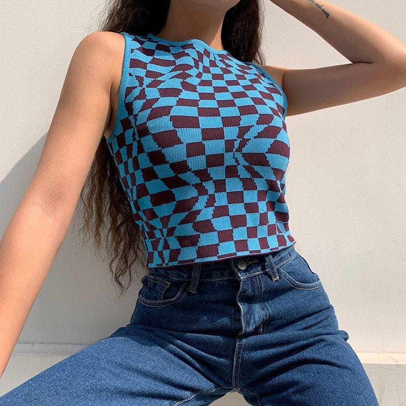 Crew-Neck Psychedelic Check Print Knit Crop Tank Top Product Image