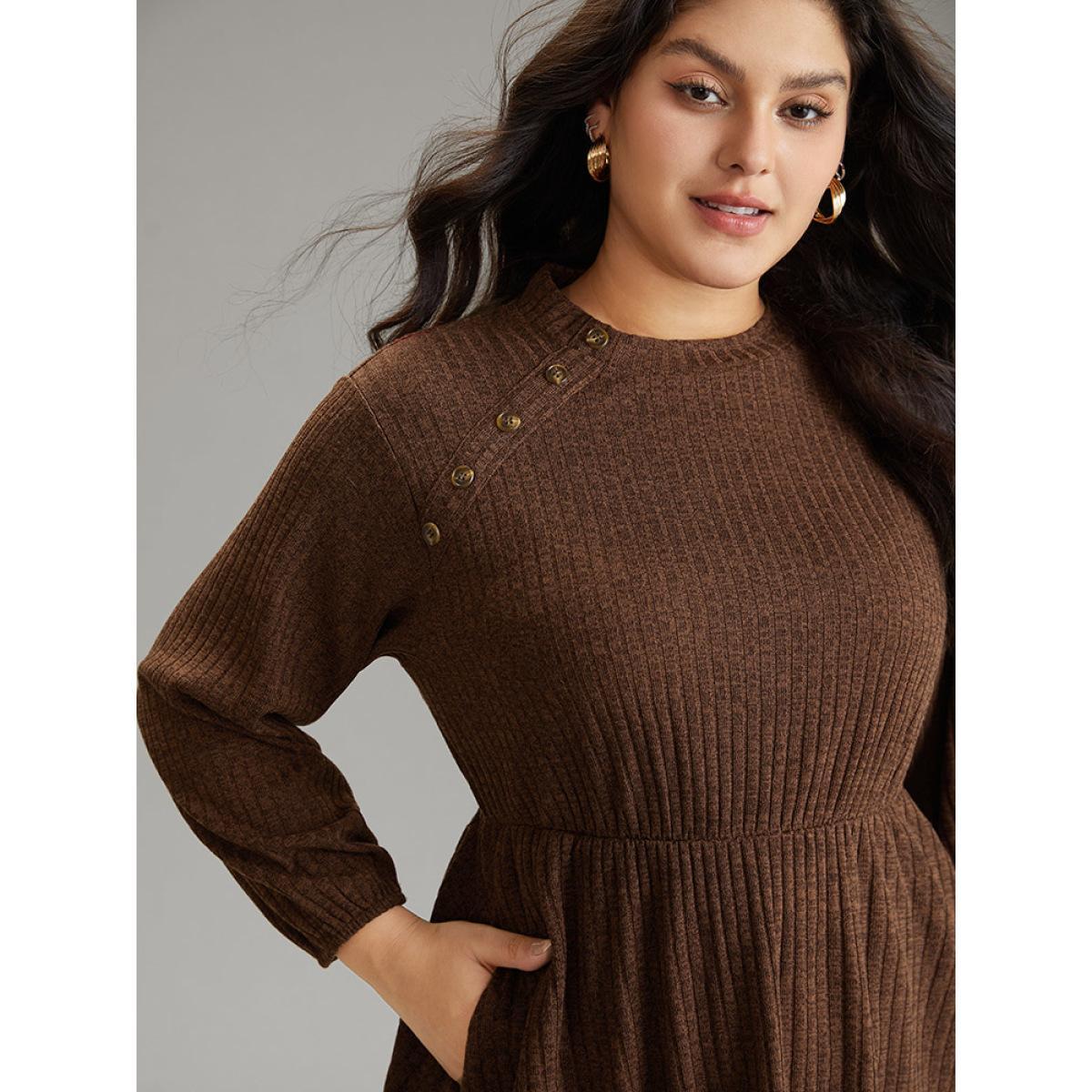 Plus Size Rib Knit Mock Neck Button Detail Lantern Sleeve Dress DarkBrown Women Office Elastic cuffs Mock Neck Long Sleeve Curvy Midi Dress BloomChic 12/L Product Image