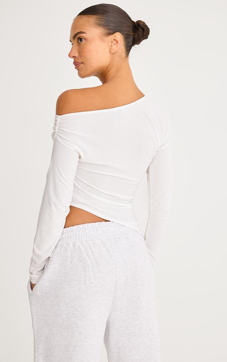 White Soft Touch Asymmetric Ruched Long Sleeve Top Product Image