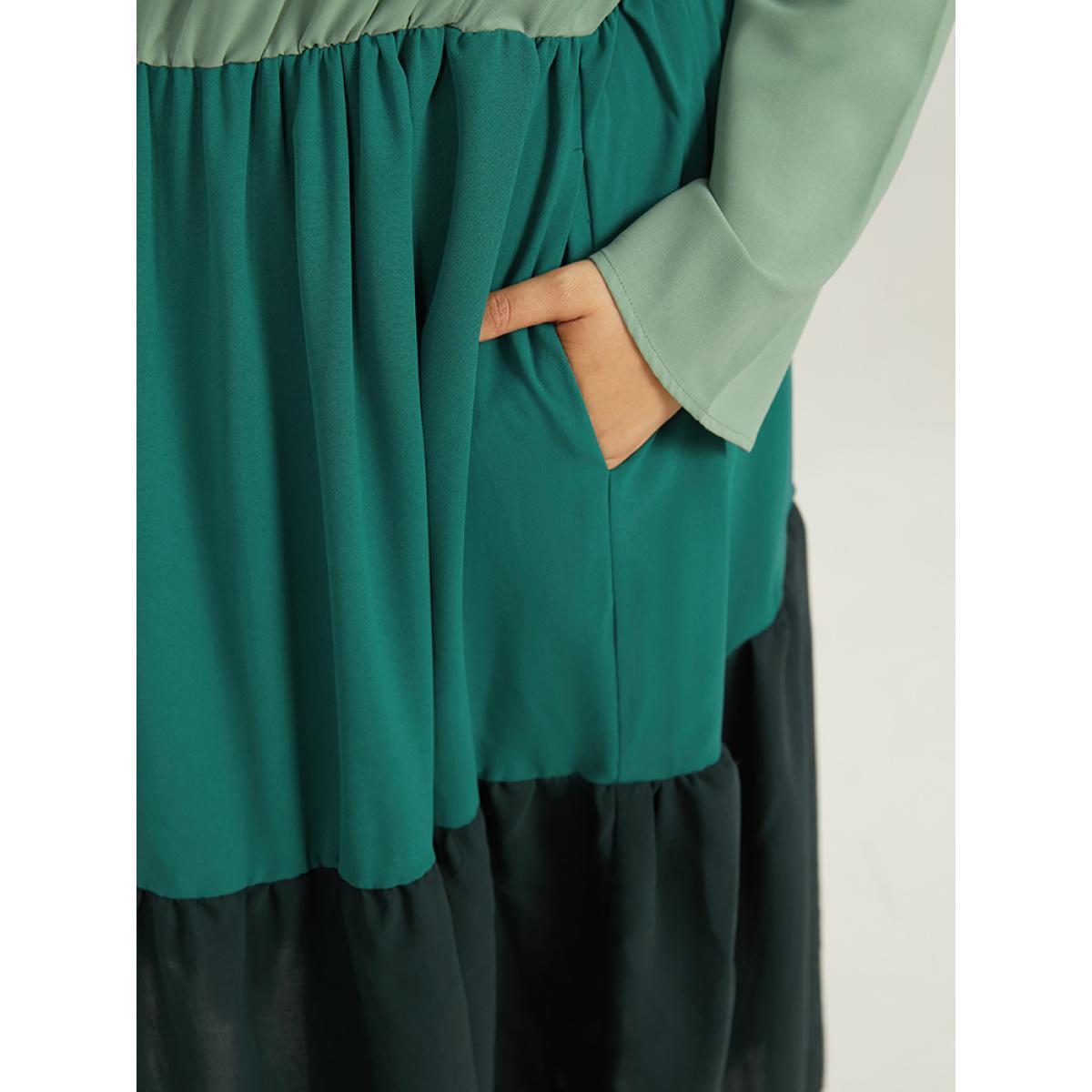 Plus Size Colorblock Contrast Keyhole Layered Hem Dress Mint Women Casual Plain Keyhole Cut-Out Long Sleeve Curvy Midi Dress BloomChic 10/M Product Image