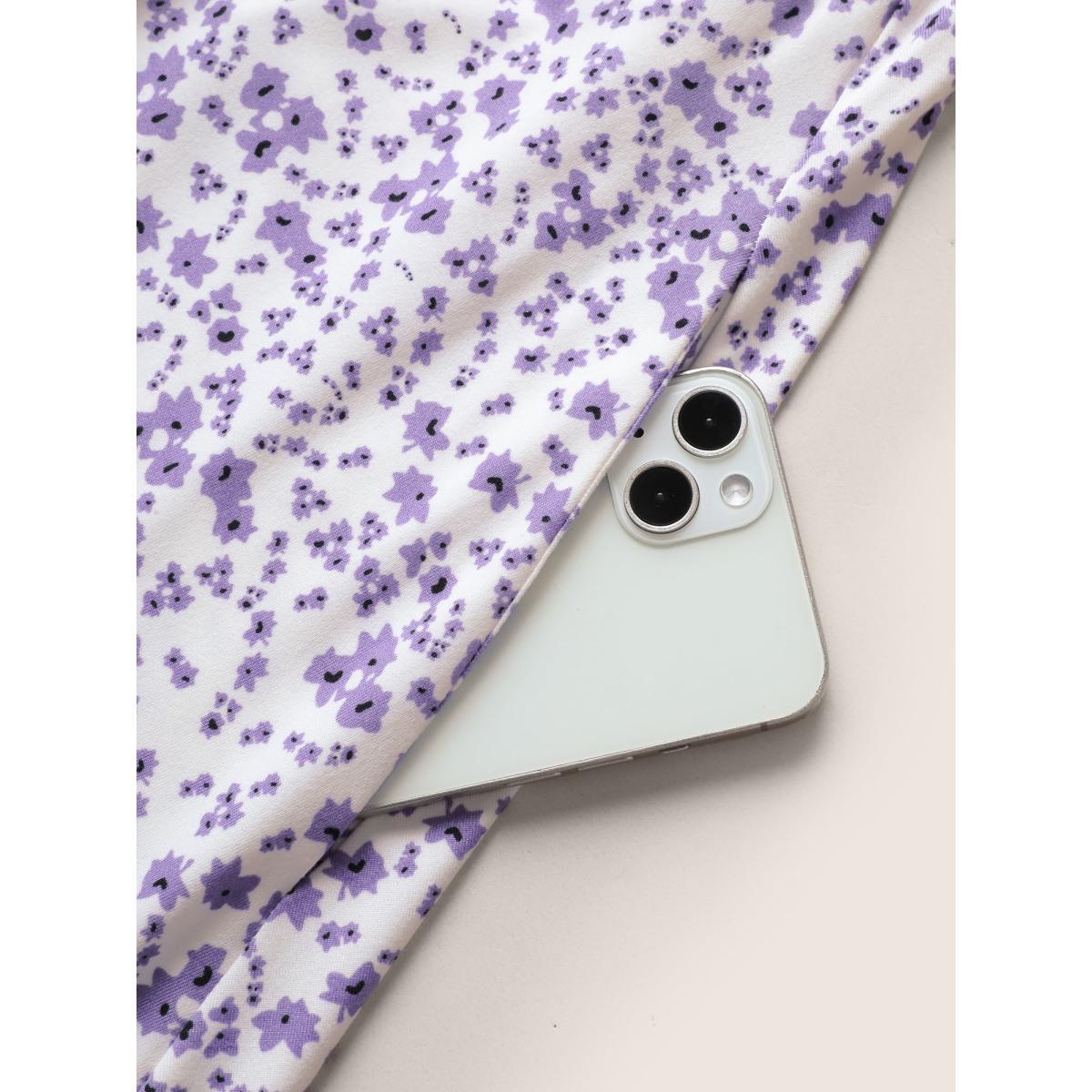 Plus Size Ditsy Floral Elastic Waist Knot Drawstring Dress Lilac Women Casual Non V-neck Short sleeve Curvy Midi Dress BloomChic 30/6X Product Image