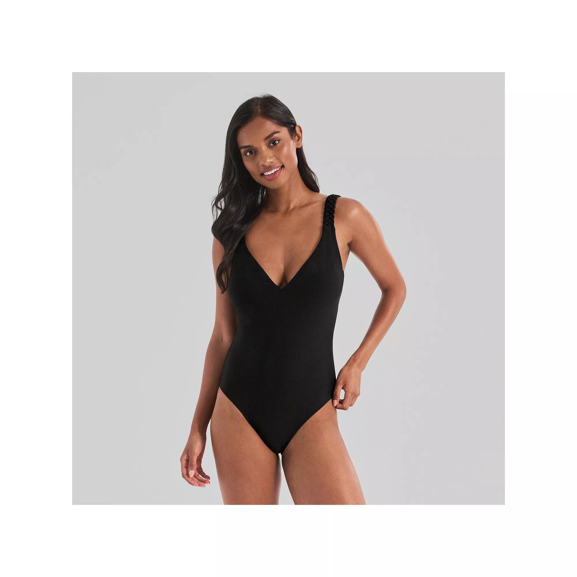 Women's Freshwater Macrame Strap One-Piece Swimsuit, Size: XXL, Macrame Black Product Image