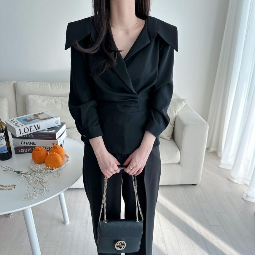 Long Sleeve Collared Plain Ruched Wrap Blouse Product Image