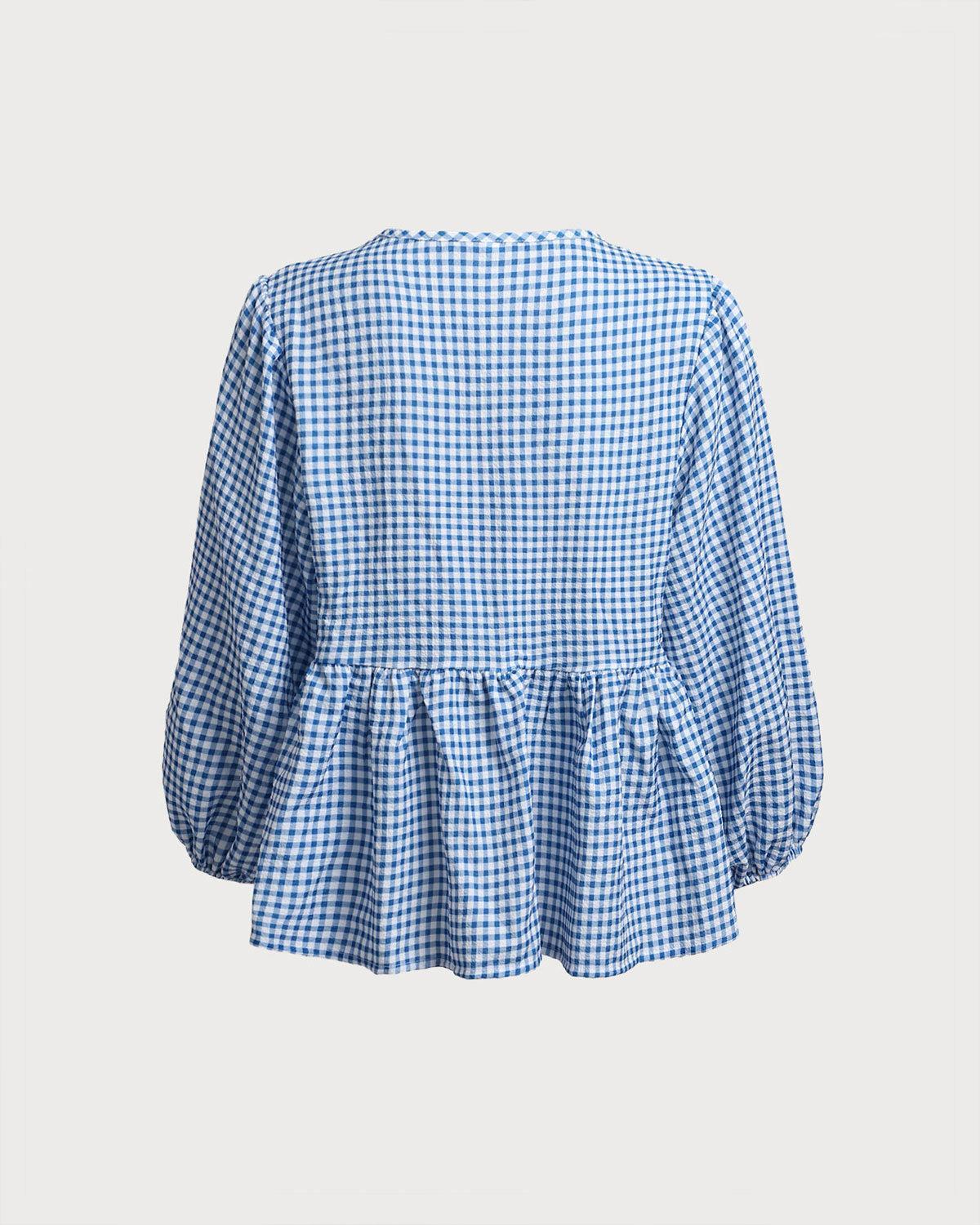 Blue Plaid Round Neck Bowknot Blouse Product Image