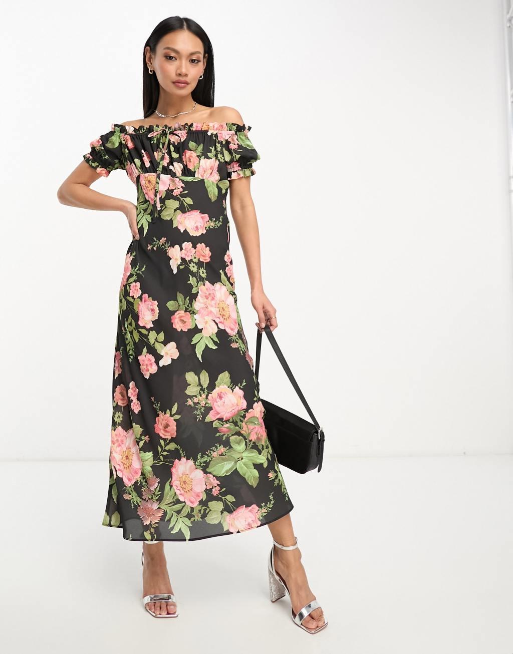ASOS DESIGN milkmaid bardot midi dress with tie front neck Product Image