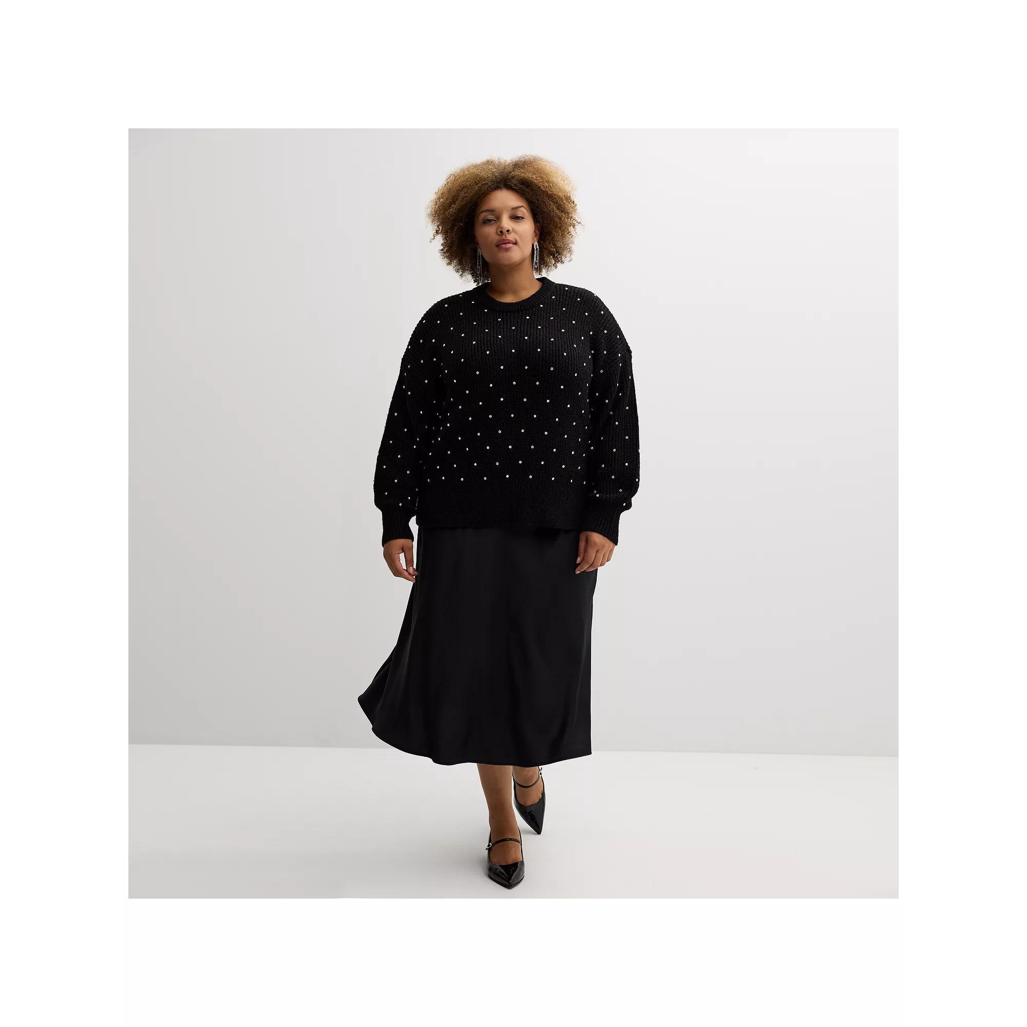 Plus Size Nine West Rhinstone Detailed Crewneck Sweater, Women's, Size: 3XL, Mineral Black Product Image