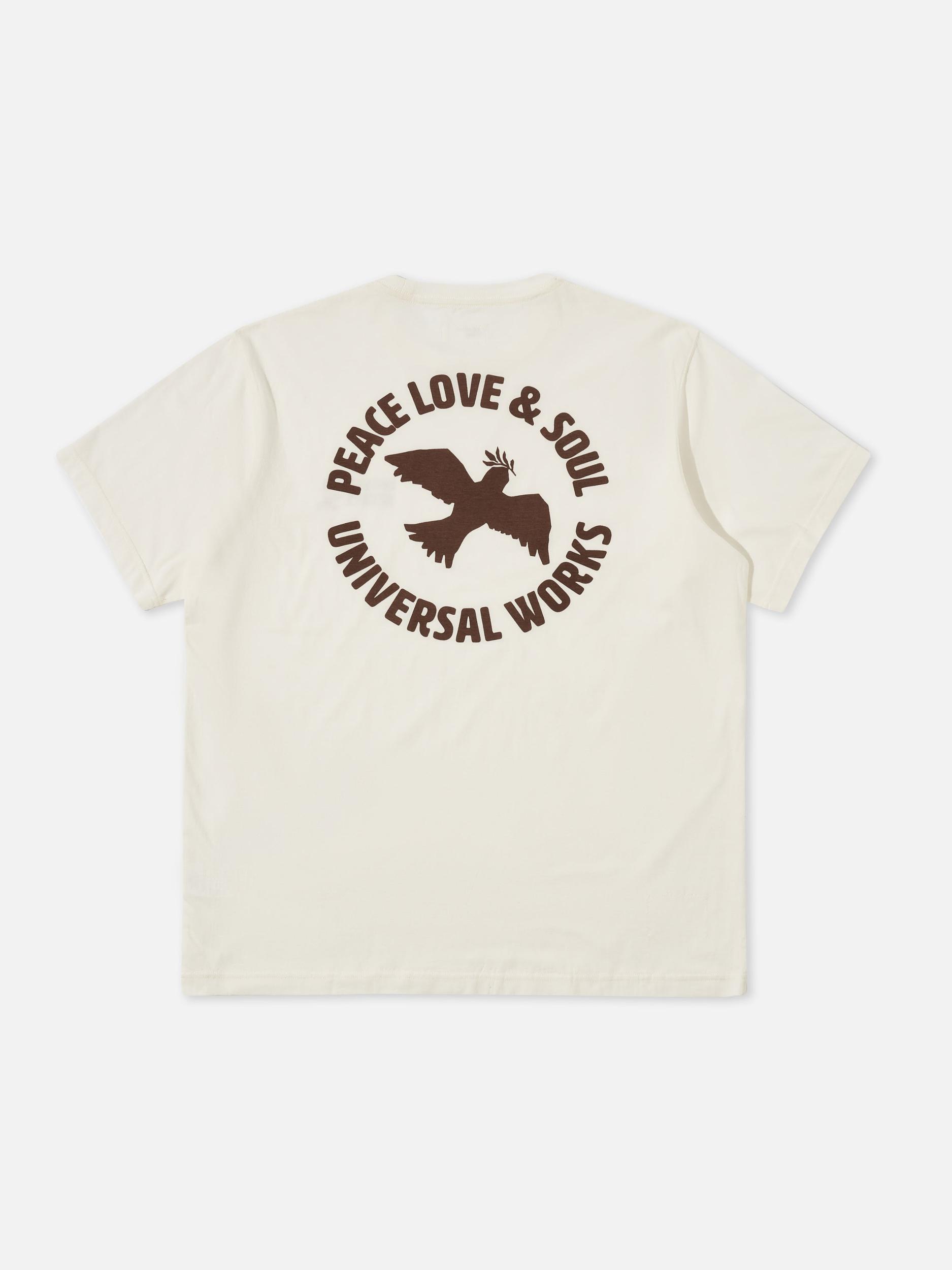 Universal Works 'Peace, Love & Soul' Print Tee in Ecru Single Jersey Product Image