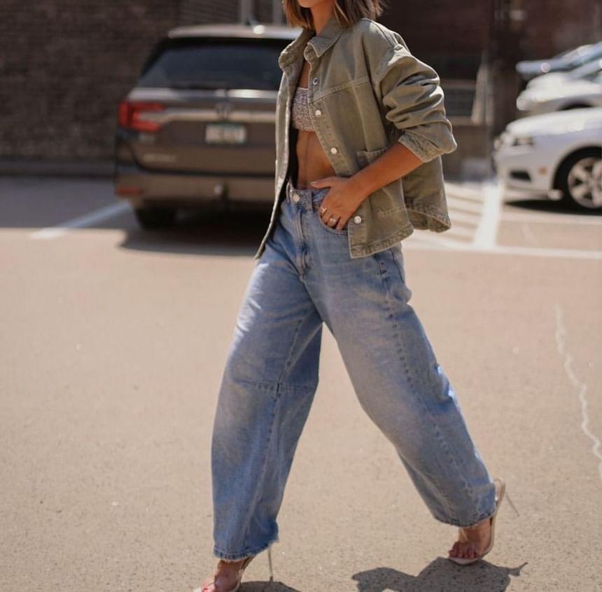Collared Plain Button-Up Denim Jacket Product Image