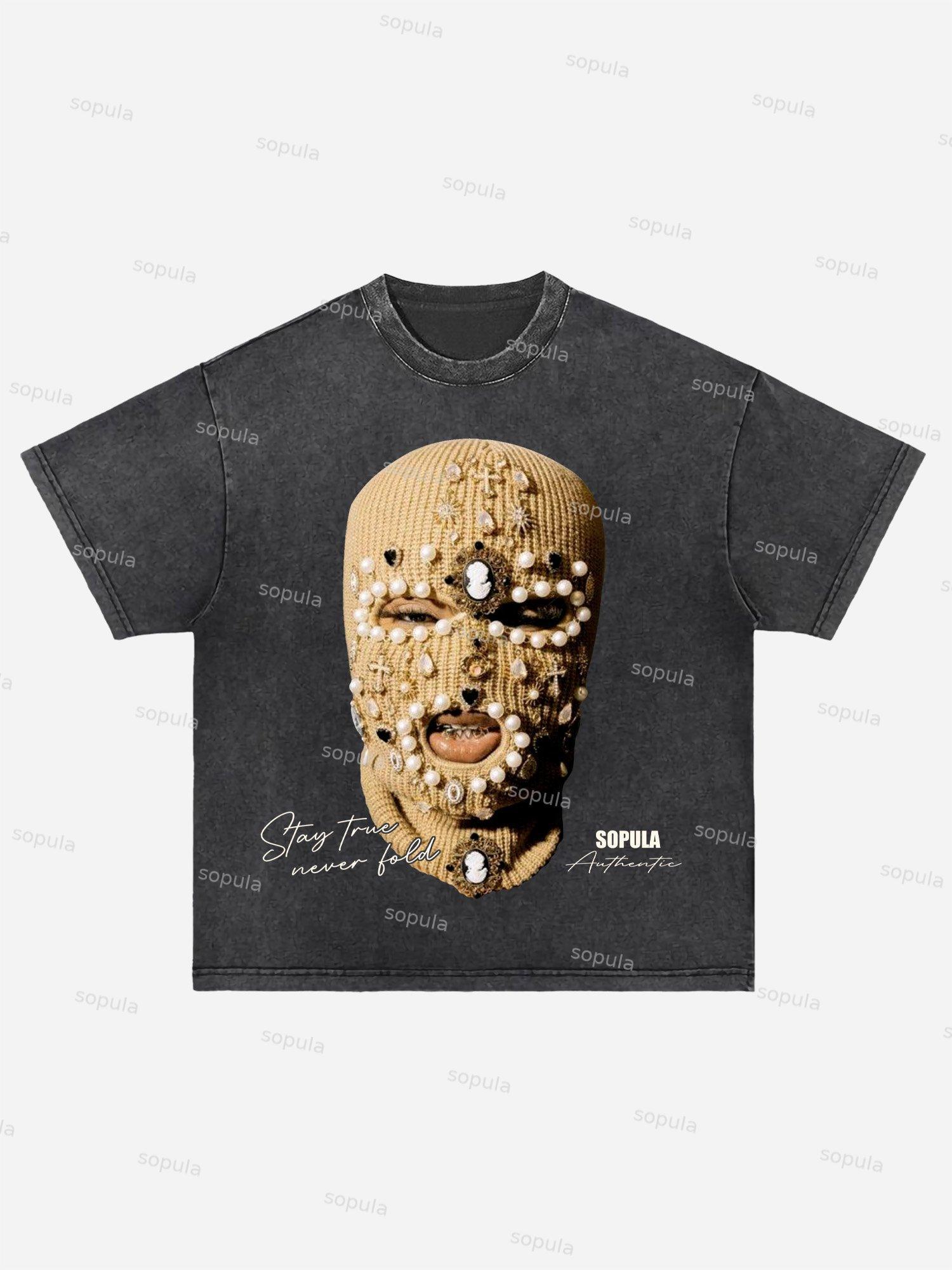 Sopula Gangster Jewelry Mask Portrait Graphic Acid Wash T-shirt Product Image