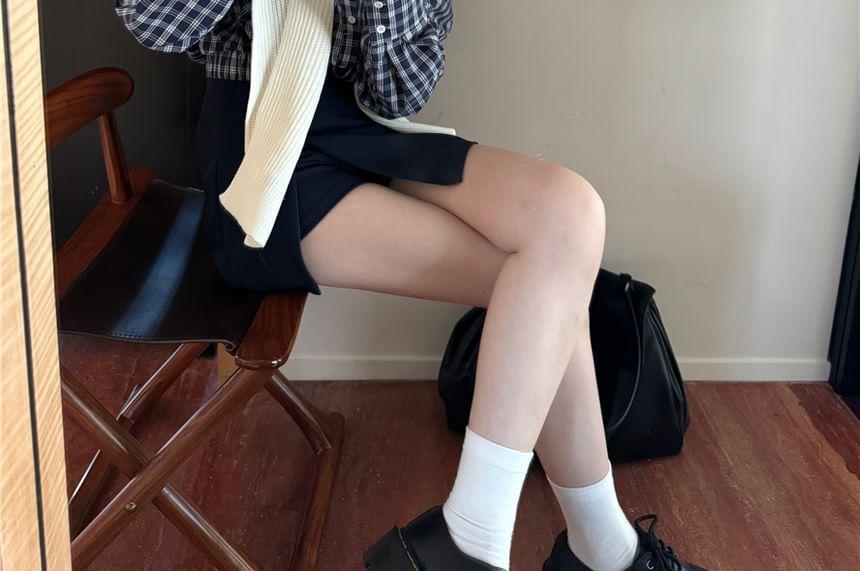 Long-Sleeve Plain Tee / Plaid Button-Up Crop Shirt / High Waist Zipped Mini A-Line Skirt / Shawl Product Image