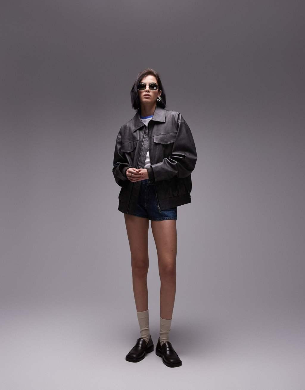 Topshop faux leather bomber jacket in washed black Product Image