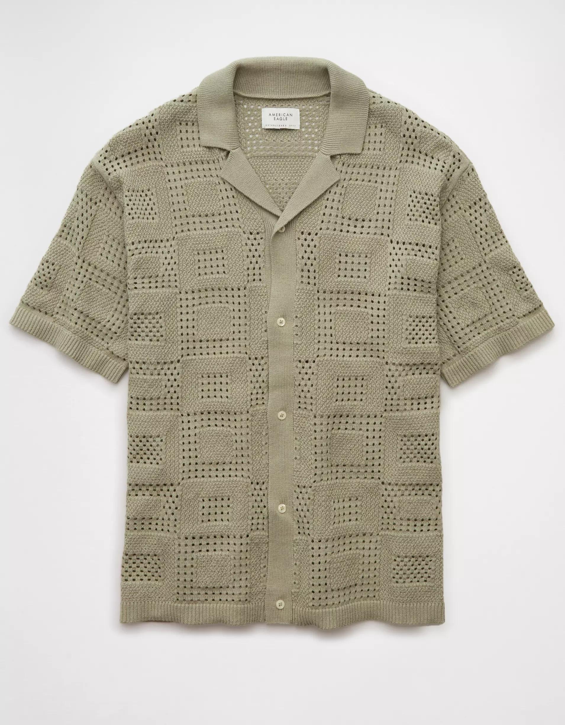 AE Weekend Textured Checkerboard Button-Up Sweater Polo Shirt Product Image