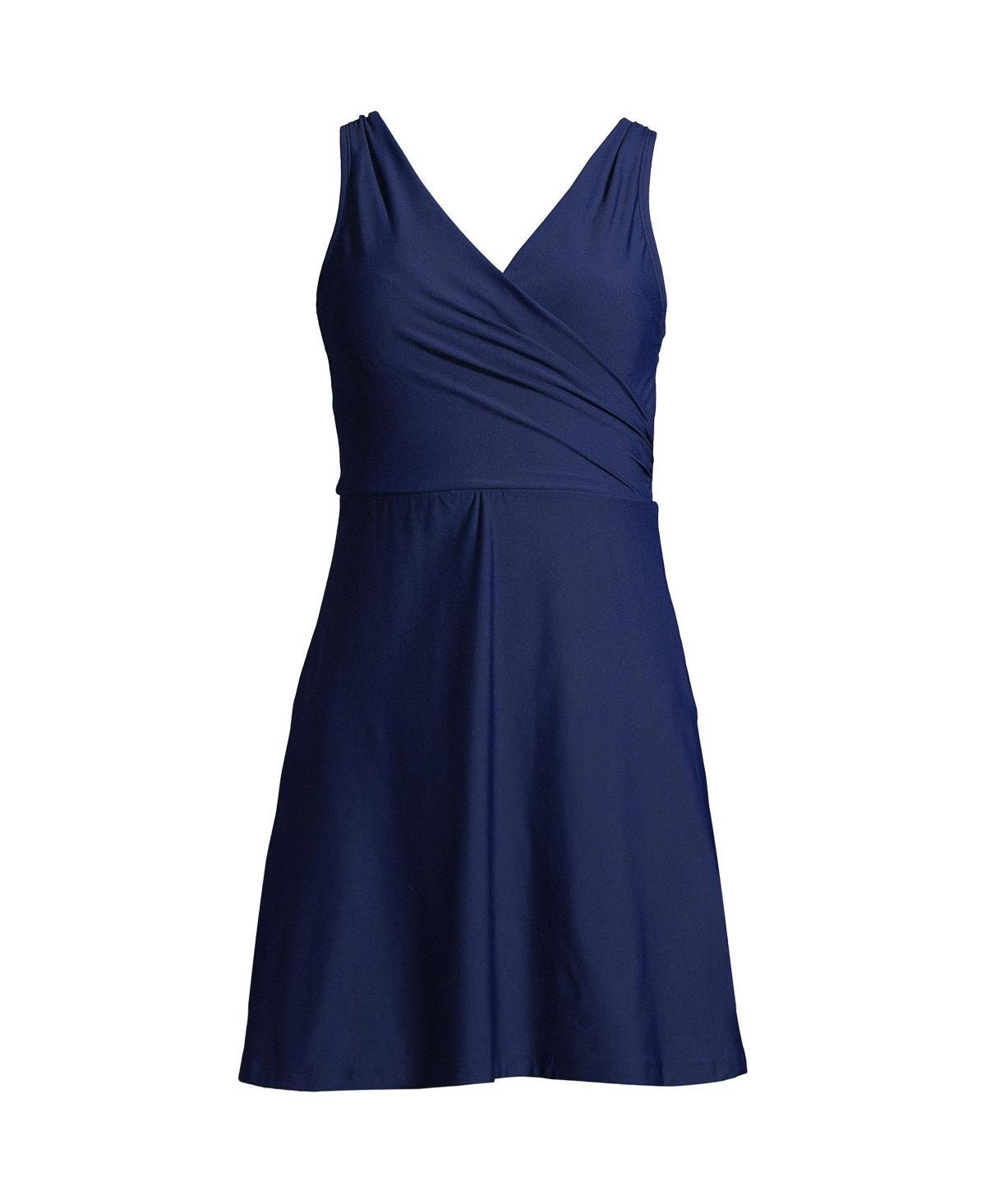 Petite Lands End UPF 50 Tummy Control Surplice One-Piece Swim Dress, Womens Product Image