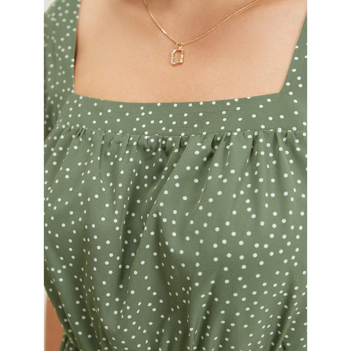 Plus Size ArmyGreen Polka Dot Square Neck Ruffles Puff Sleeve Blouse Women Elegant Short sleeve Square Neck Dailywear Blouses BloomChic 28/5X Product Image