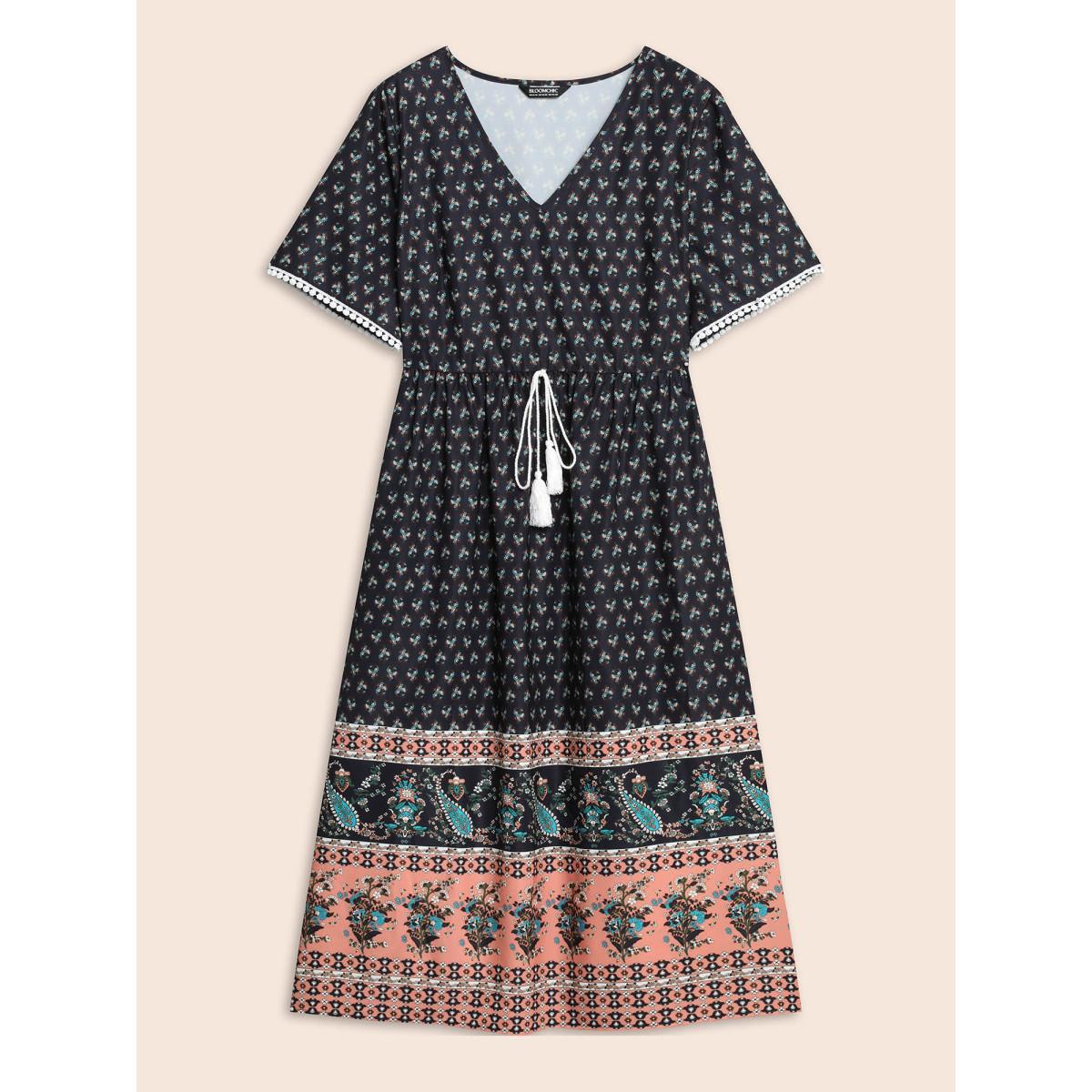 Plus Size Boho Print Tassel-Tie Pockets Midi Dress DarkBlue Women Resort Woven ribbon&lace trim V-neck Short sleeve Curvy BloomChic 14-16/1X Product Image
