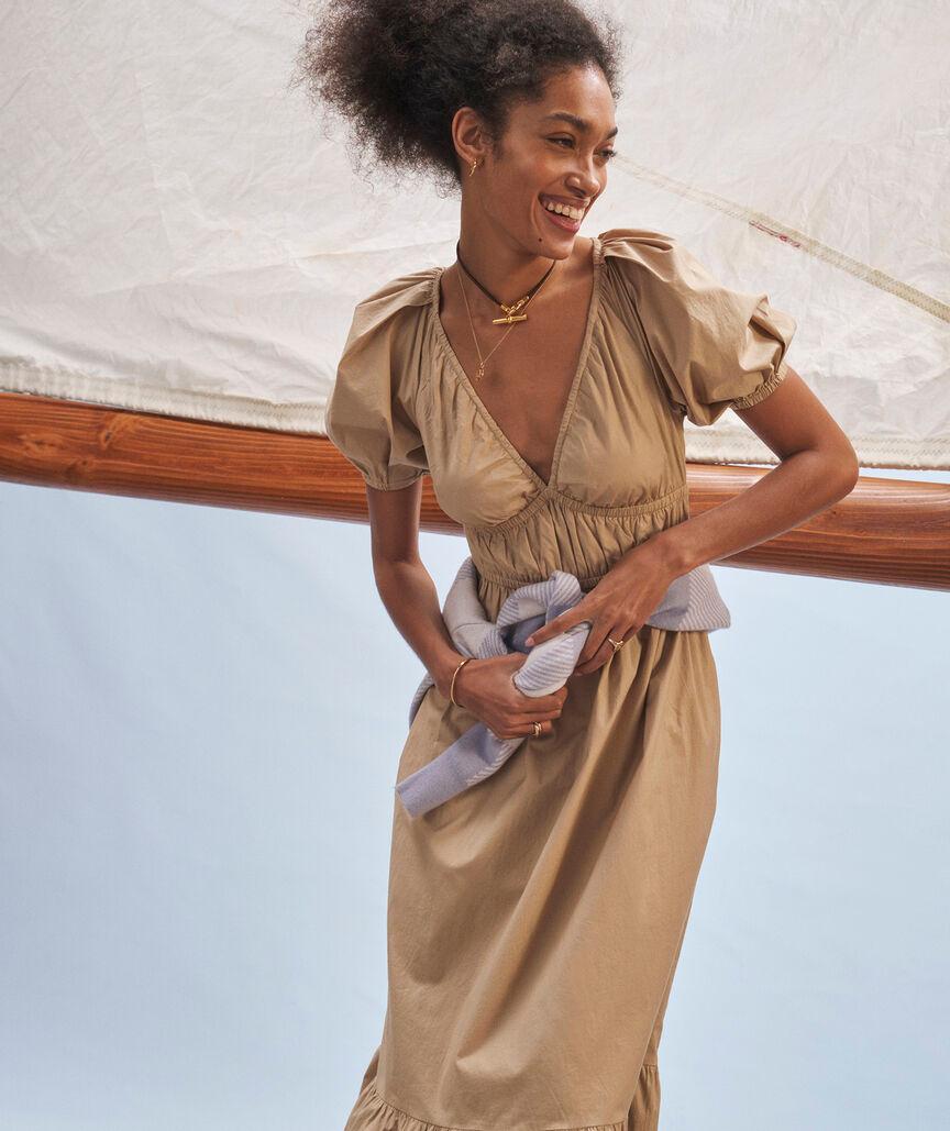 Marina Poplin Puff-Sleeve Midi Dress Product Image