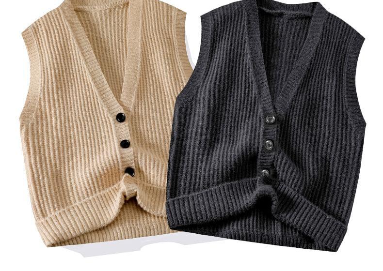 V-Neck Plain Ribbed Button-Up Knit Sweater Vest Product Image