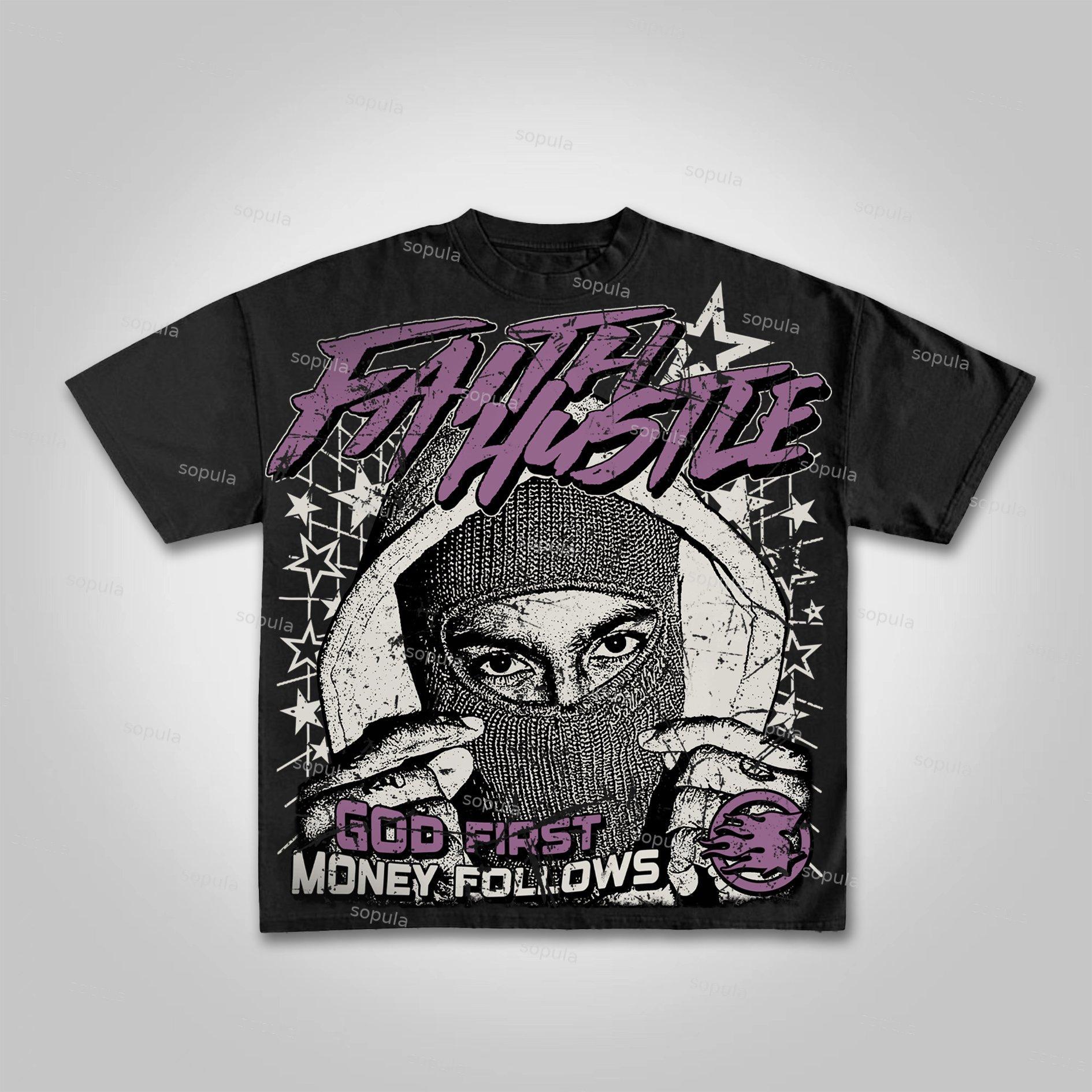 God First Faith Hustle Vintage Street Aged Portrait Graphic Cotton T-shirt Product Image