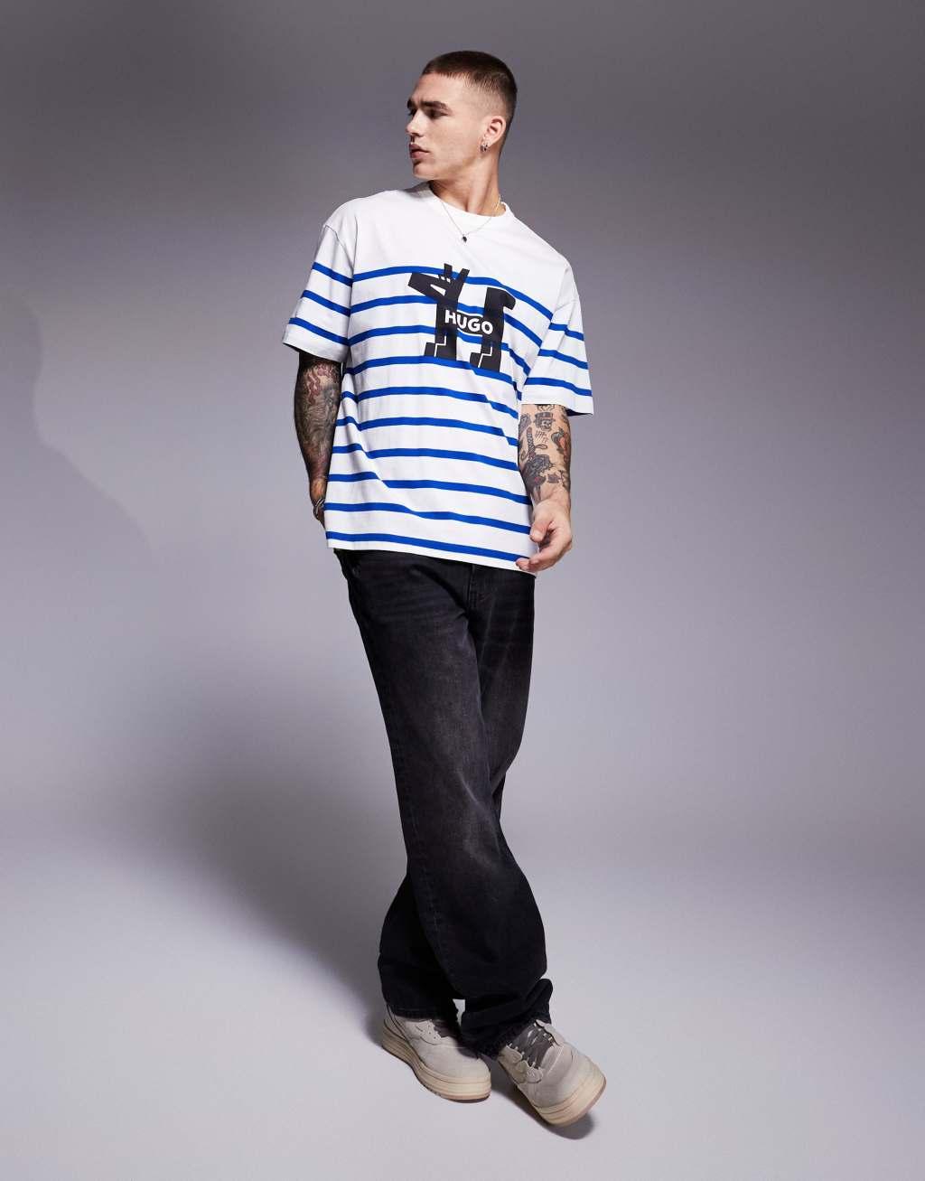 HUGO Blue Nolastripe loose fit striped logo t-shirt in white and blue Product Image