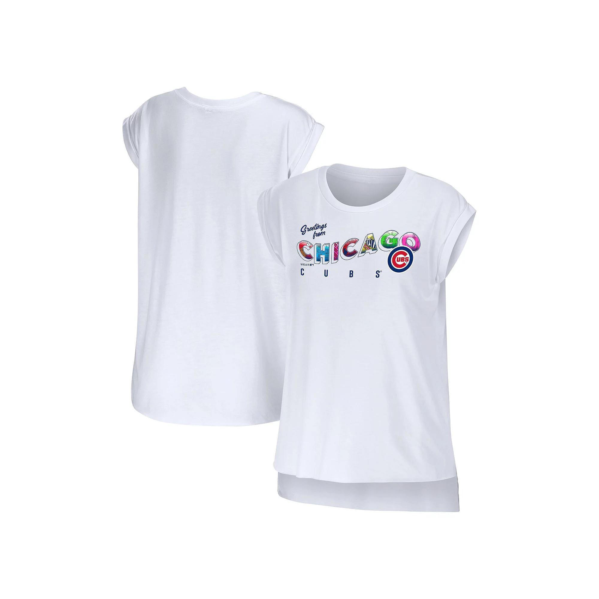 Women's WEAR by Erin Andrews White Chicago Cubs Greetings From T-Shirt, Size: Large Product Image