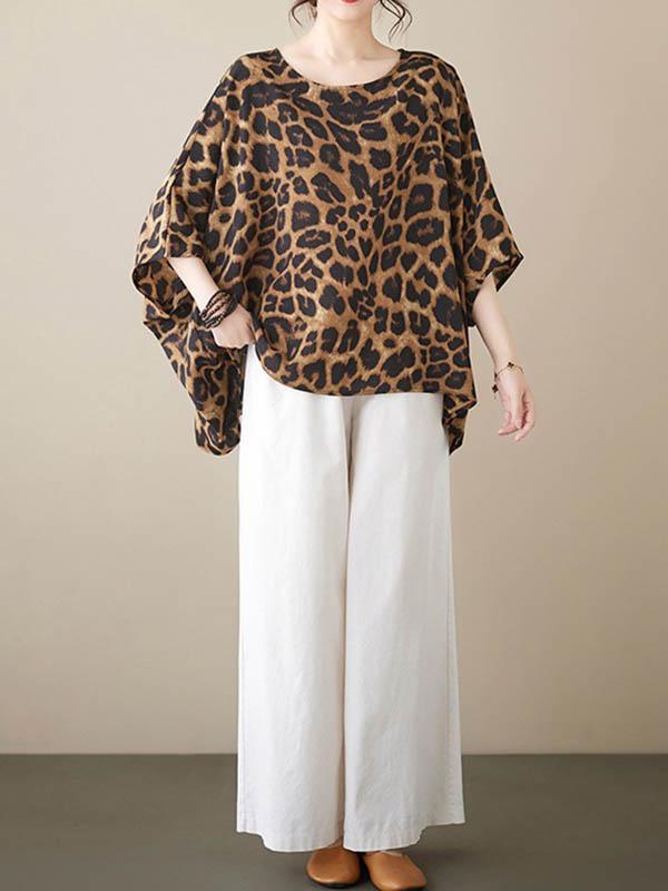 Batwing Sleeves Loose Leopard Round-Neck T-Shirts Tops Product Image
