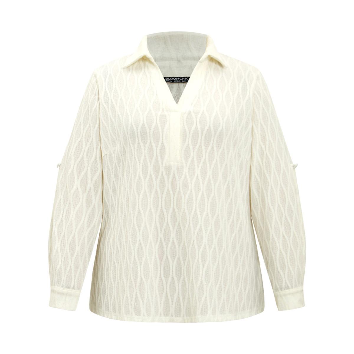 Plus Size Ivory Plain Shirt Collar Tab Sleeve Jacquard Blouse Women Casual Long Sleeve Shirt collar Work Blouses BloomChic 28/5X Product Image