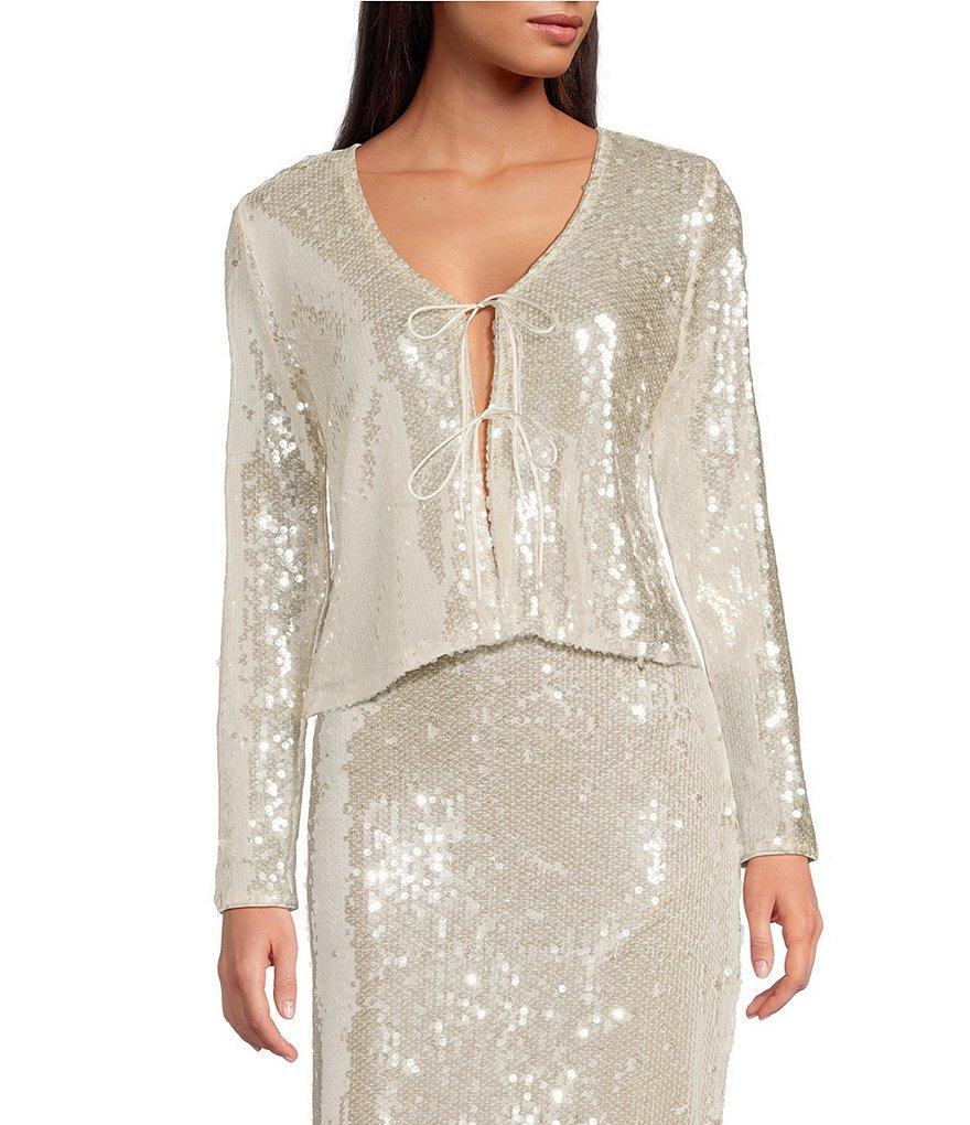 Gianni Bini Kate Sequin V-Neck Long Sleeve Tie Front Coordinating Cardigan Product Image