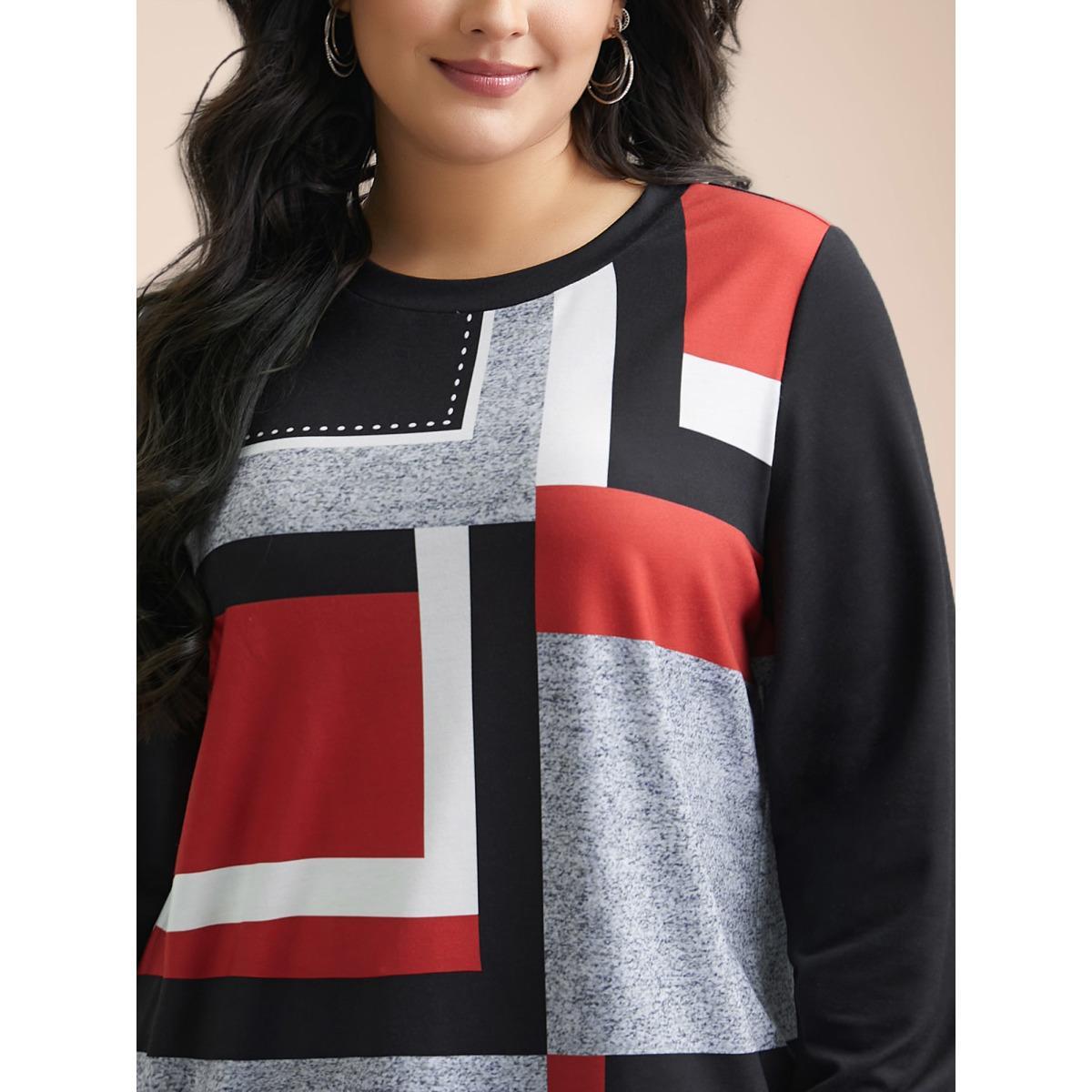 Plus Size Geometric Print Round Neck Fitted Sweatshirt Women Multicolor Casual Contrast Round Neck Everyday Sweatshirts BloomChic 22-24/3X Product Image