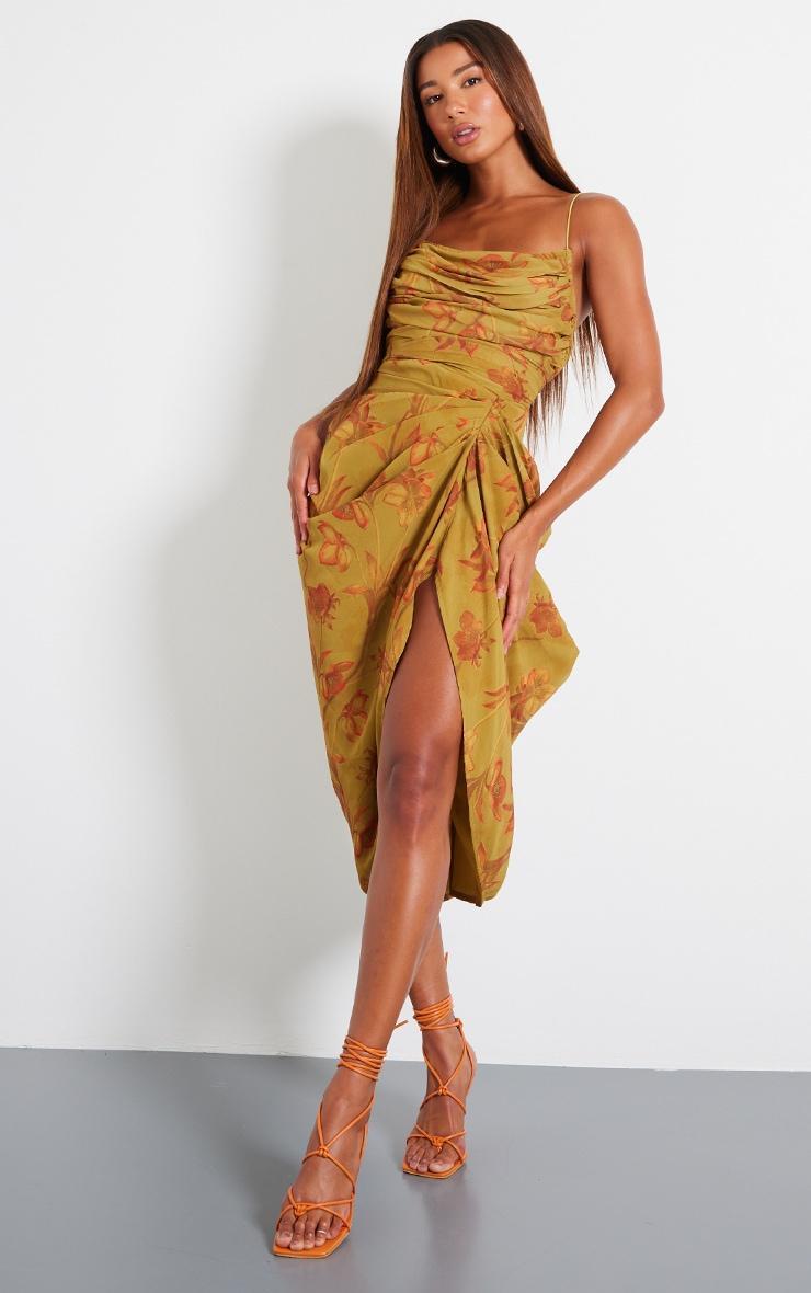 Green Abstract Print Chiffon Ruched Drape Midi Dress Product Image