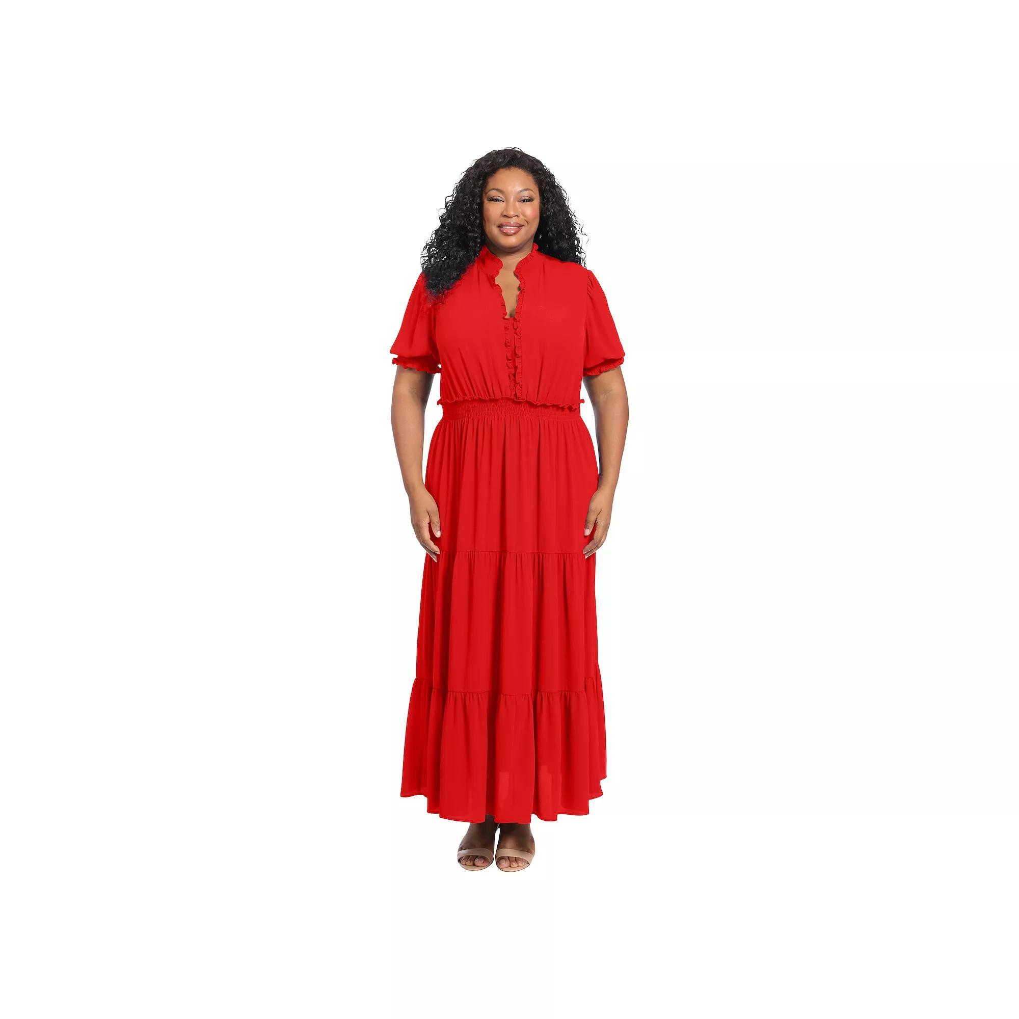 Plus Size London Times Smock Puff Sleeve Ruffle Neck Maxi Dress, Women's, Size: 14 W, Red Product Image