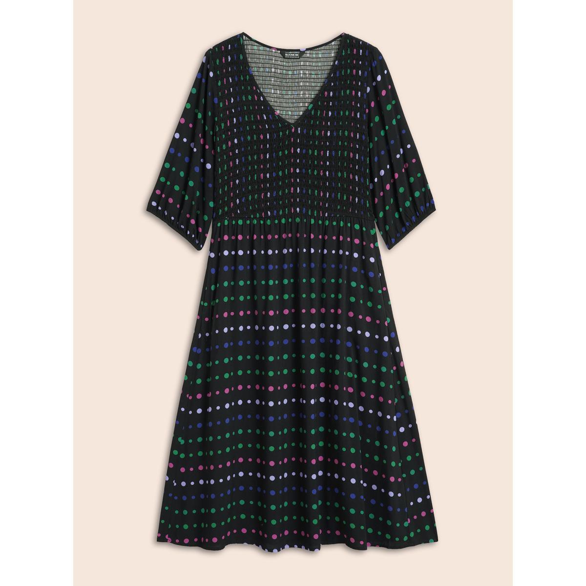 Plus Size Polka Dot Shirred Lantern Sleeve Dress Midnight Women Elegant Shirred V-neck Elbow-length sleeve Curvy BloomChic 30/6X Product Image
