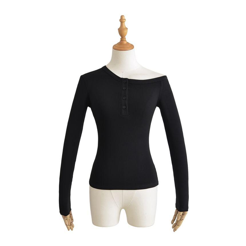 Cold-Shoulder Long-Sleeve Plain Henley Tee Product Image