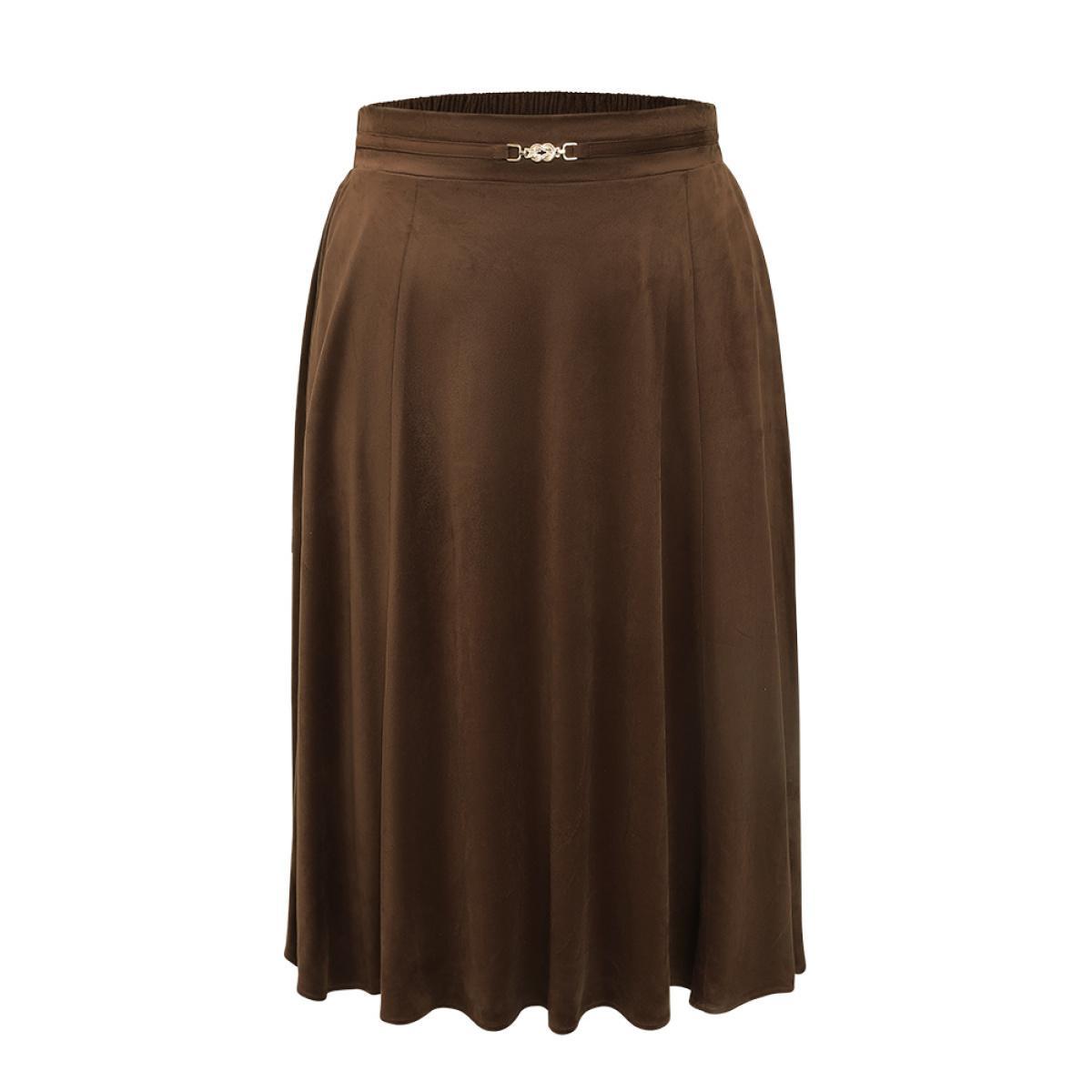 Plus Size Solid Buckle Detail Faux Suede A-line Skirt Women Bronze Office Style accents No stretch Pocket Work Skirts BloomChic 30/6X Product Image