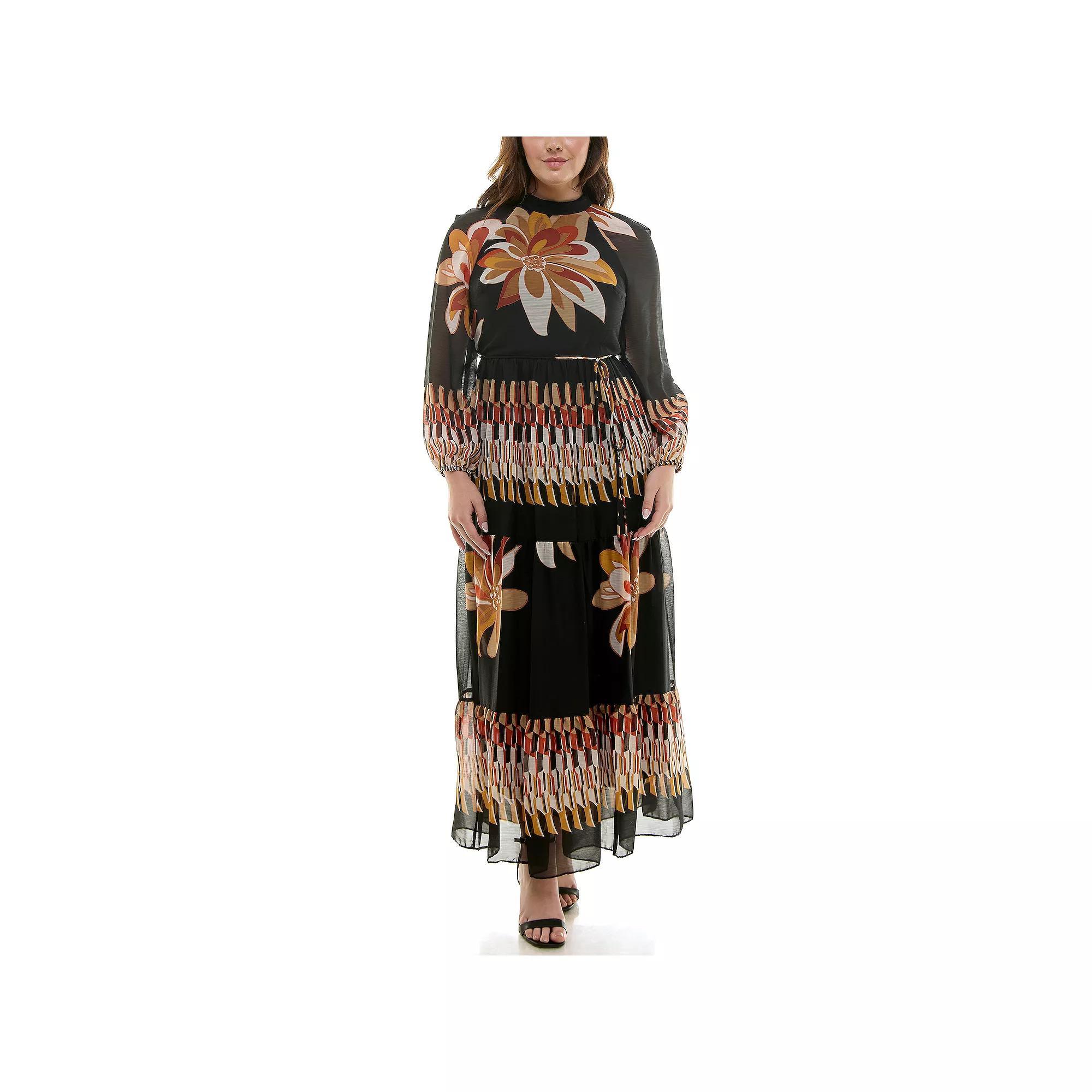 Plus Size Maison Tara Mockneck Artsy Floral Maxi Dress, Women's, Size: 22 - Regular, Black Taupe Product Image