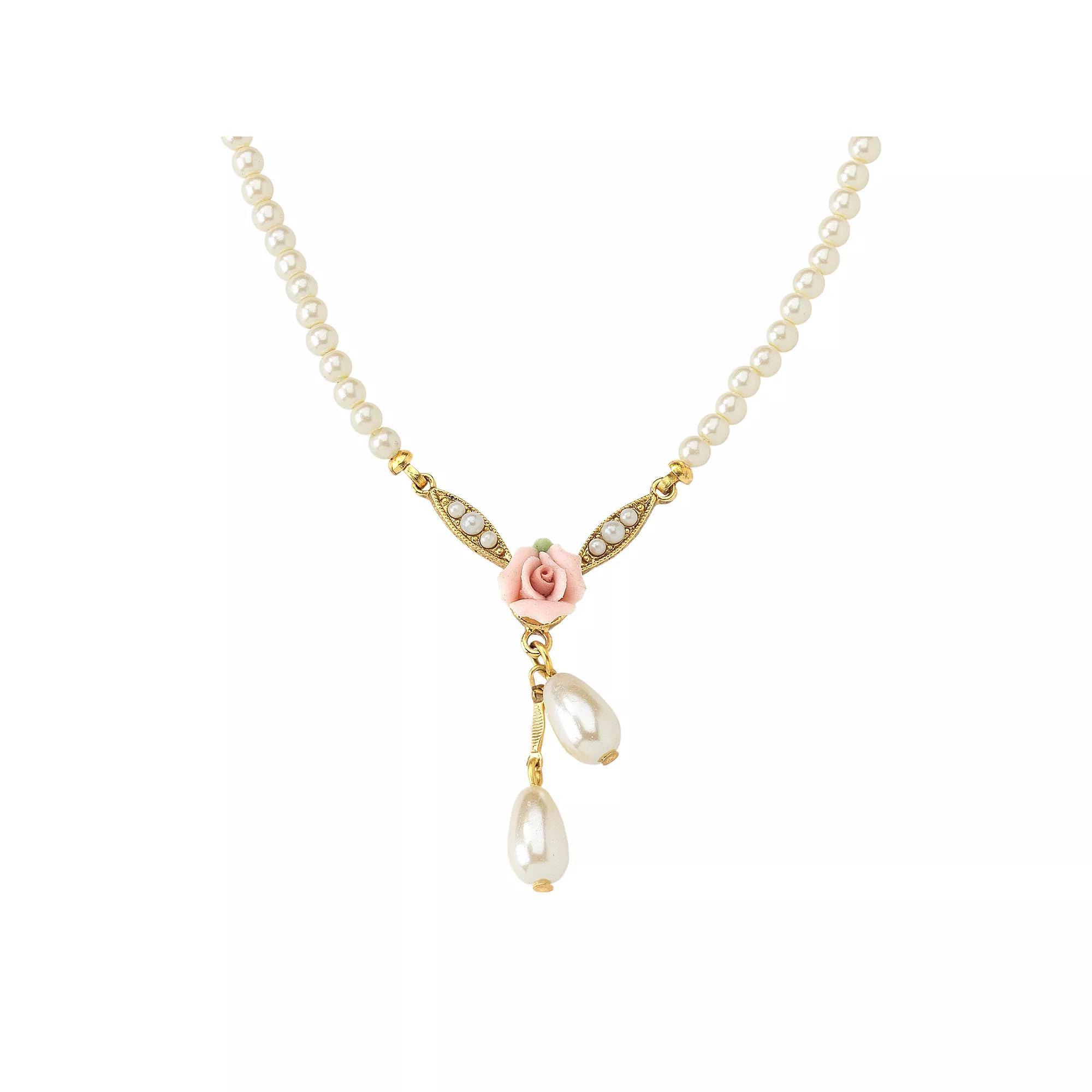 1928 Gold-Tone Simulated Pearl & Rose Necklace, Womens, Pink Product Image