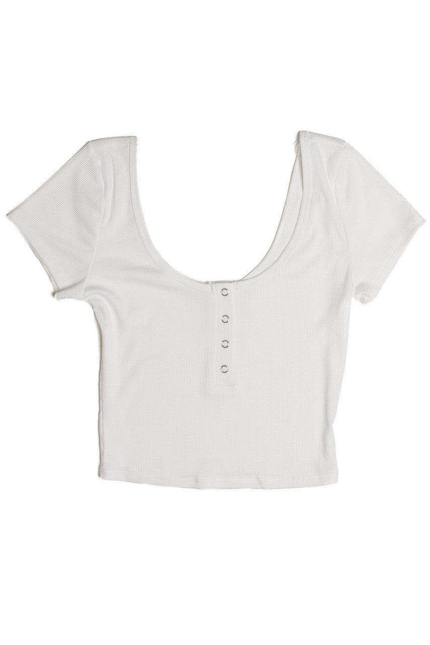 White Double Scoop Henley Crop Tee Product Image