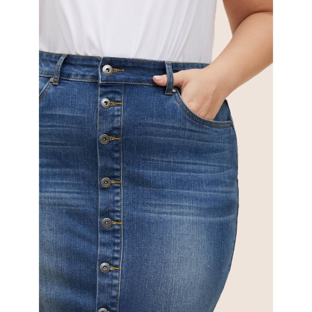 Plus Size Dark Wash Button Detail Bodycon Denim Skirt Women Blue Everyday Non Plain High stretch Dark Wash 12/L Slanted pocket Elegant Denim Skirts BloomChic Product Image