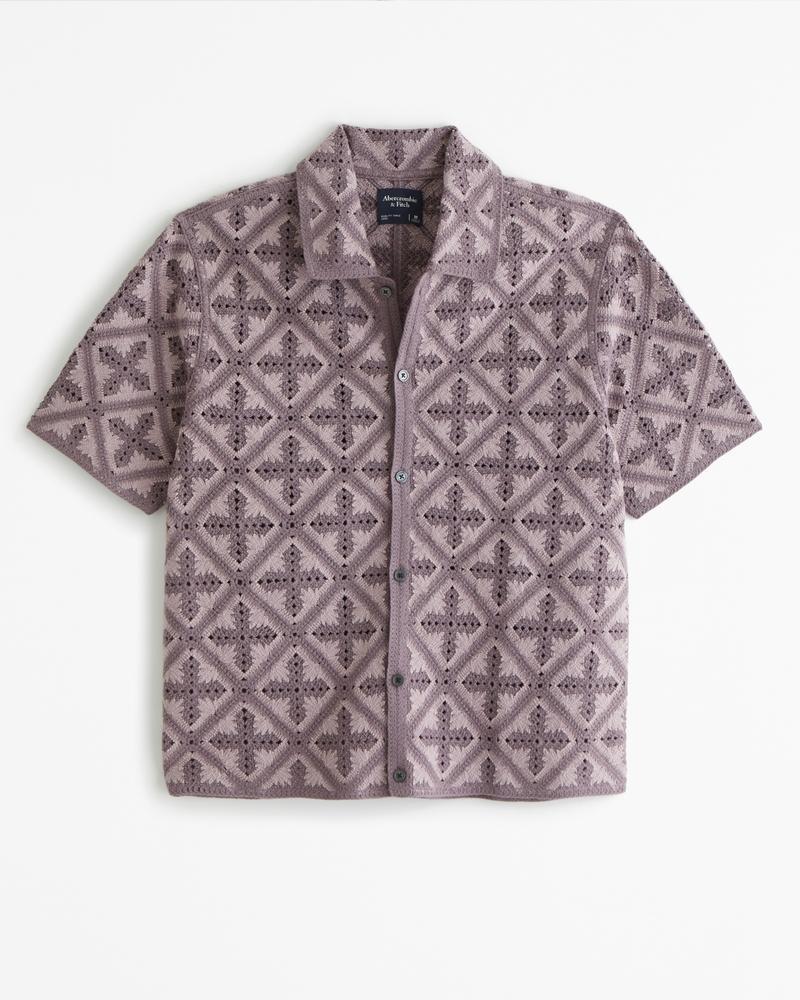 Crochet-Style Geometric Pattern Button-Through Sweater Polo Product Image